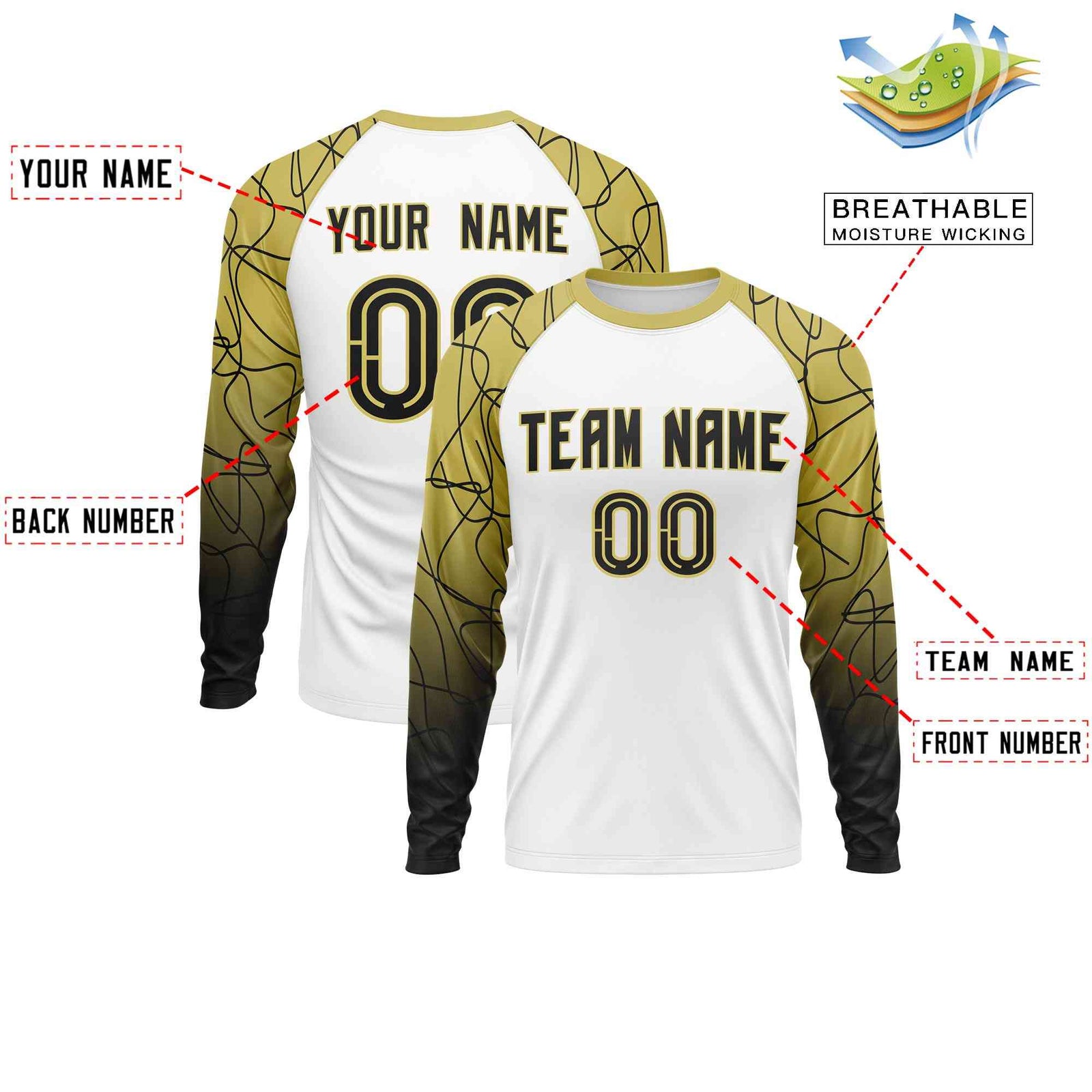 Custom White Old Gold Tangled Lines Pattern Raglan Long Sleeve Performance T-Shirt