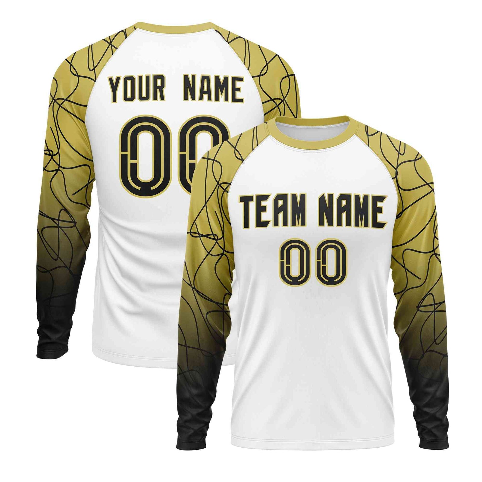 Custom White Old Gold Tangled Lines Pattern Raglan Long Sleeve Performance T-Shirt