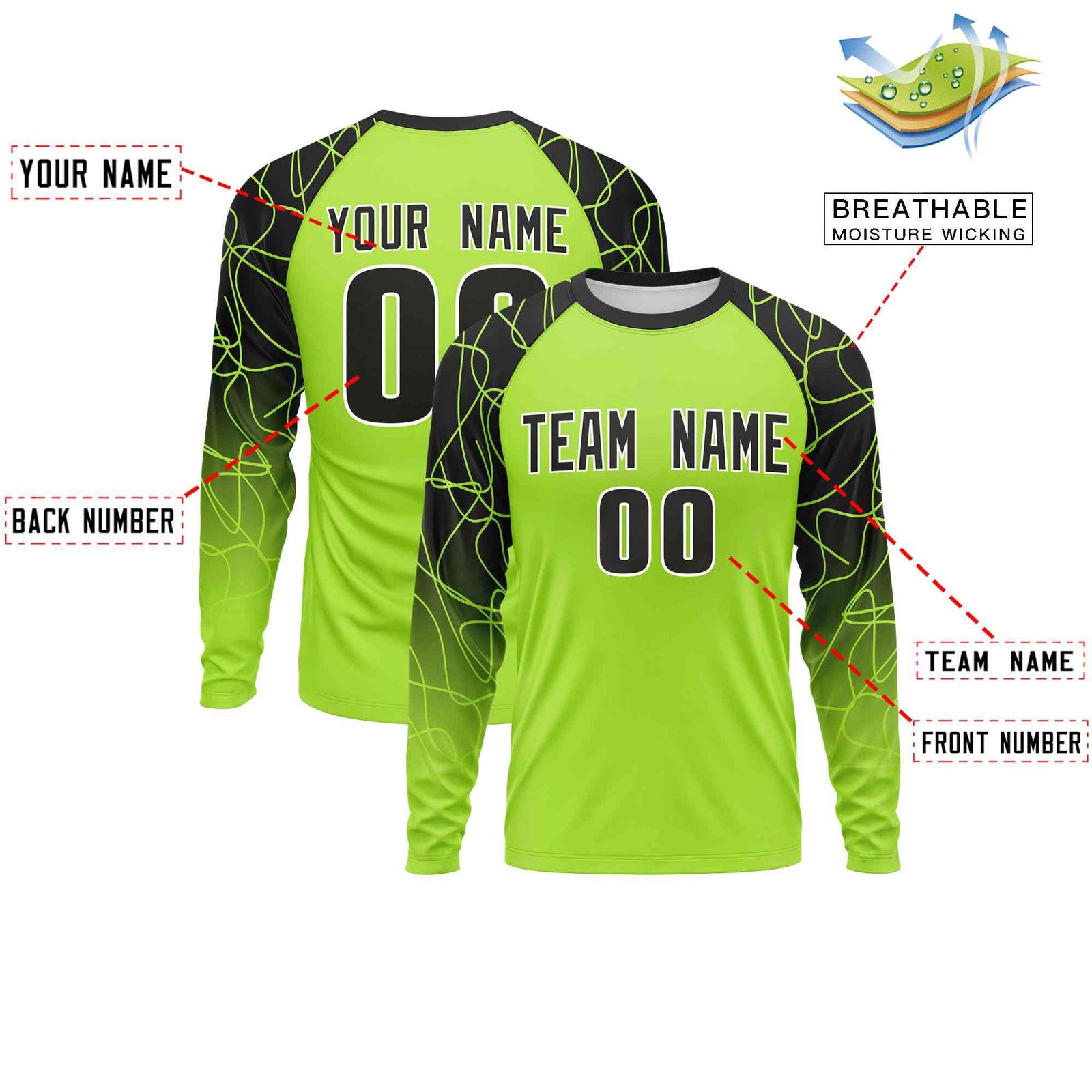 Custom Neon Green Black Tangled Lines Pattern Raglan Long Sleeve Performance T-Shirt| KXKSHOP