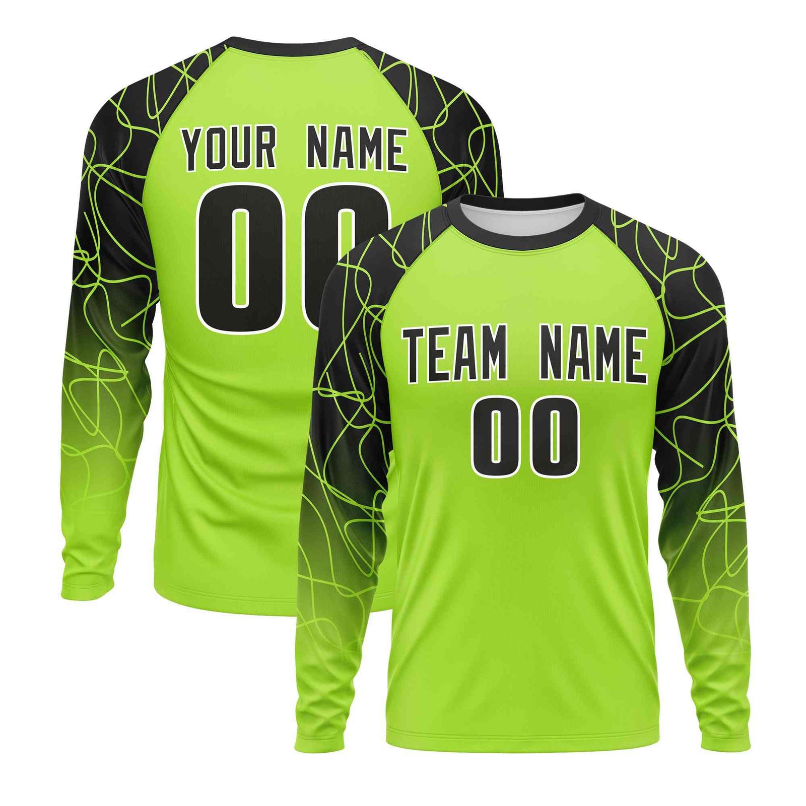Custom Neon Green Black Tangled Lines Pattern Raglan Long Sleeve Performance T-Shirt| KXKSHOP