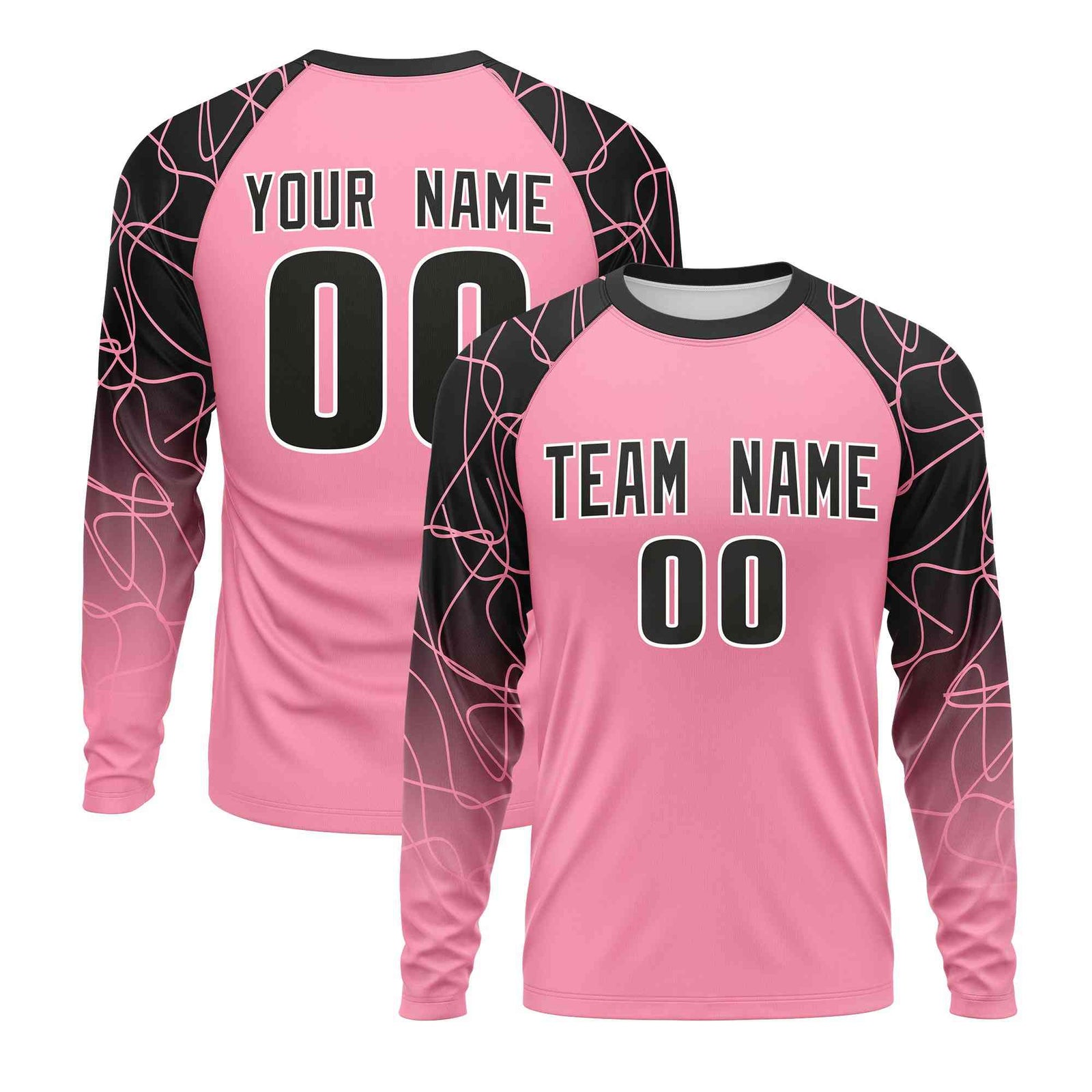 Custom Light Pink Black Tangled Lines Pattern Raglan Long Sleeve Performance T-Shirt| KXKSHOP