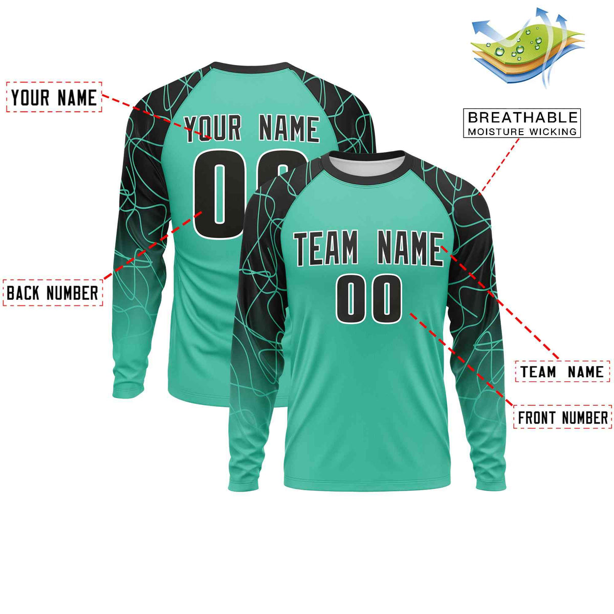 Custom Bright Green Black Tangled Lines Pattern Raglan Long Sleeve Performance T-Shirt| KXKSHOP