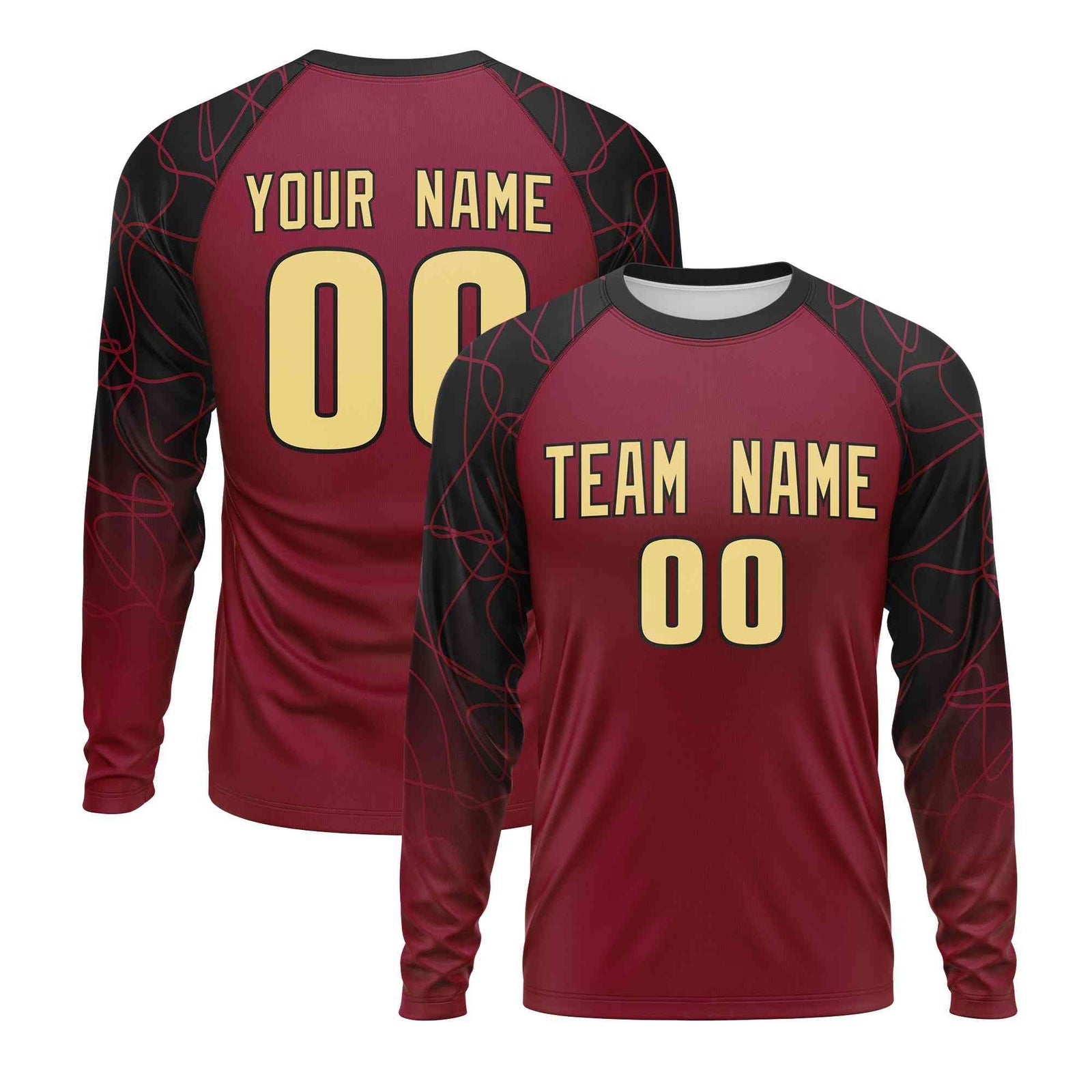 Custom Crimson Black Tangled Lines Pattern Raglan Long Sleeve Performance T-Shirt| KXKSHOP