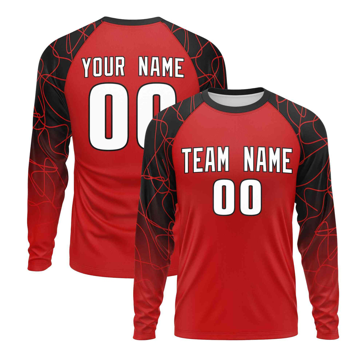 Custom Red Black Tangled Lines Pattern Raglan Long Sleeve Performance T-Shirt| KXKSHOP