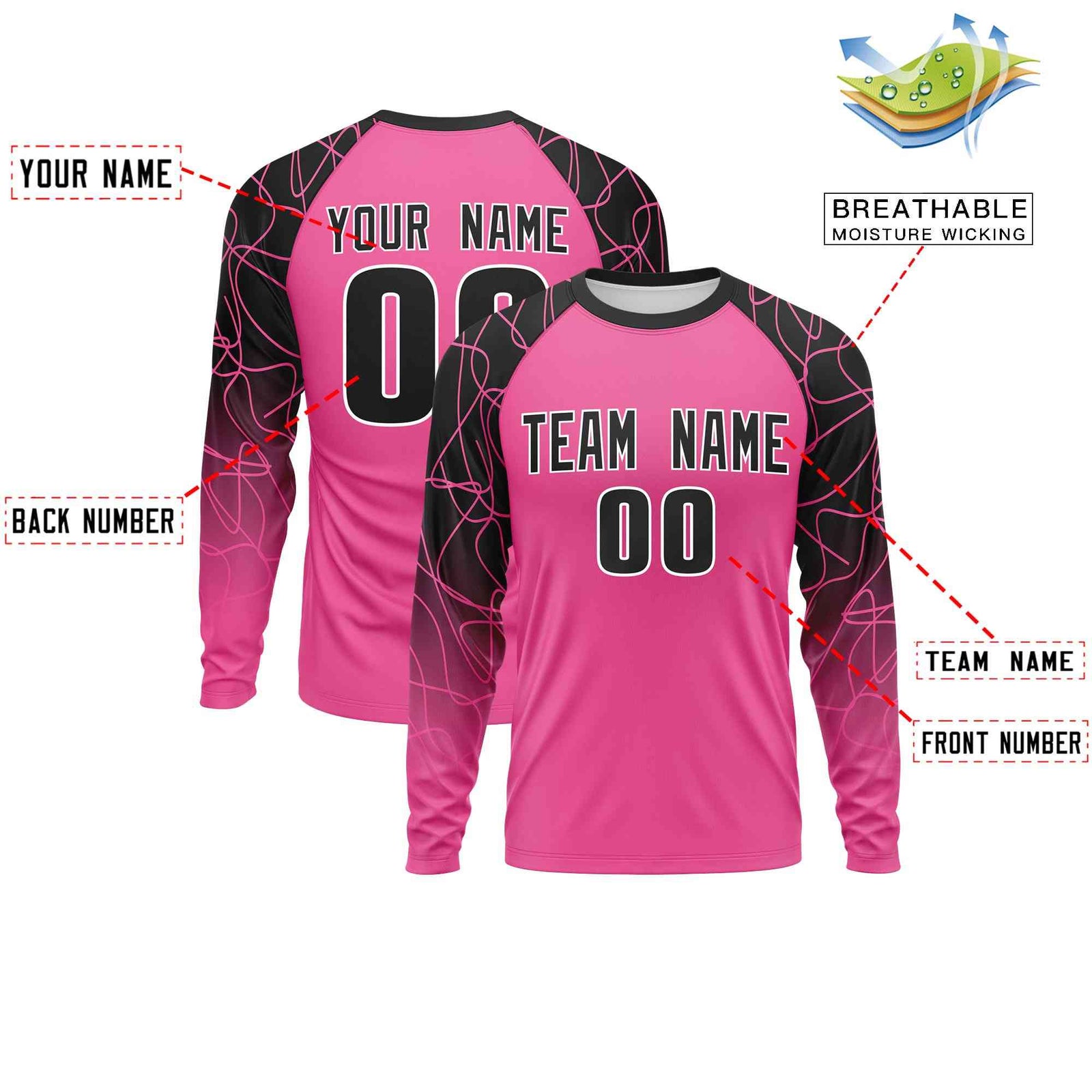 Custom Pink Black Tangled Lines Pattern Raglan Long Sleeve Performance T-Shirt| KXKSHOP