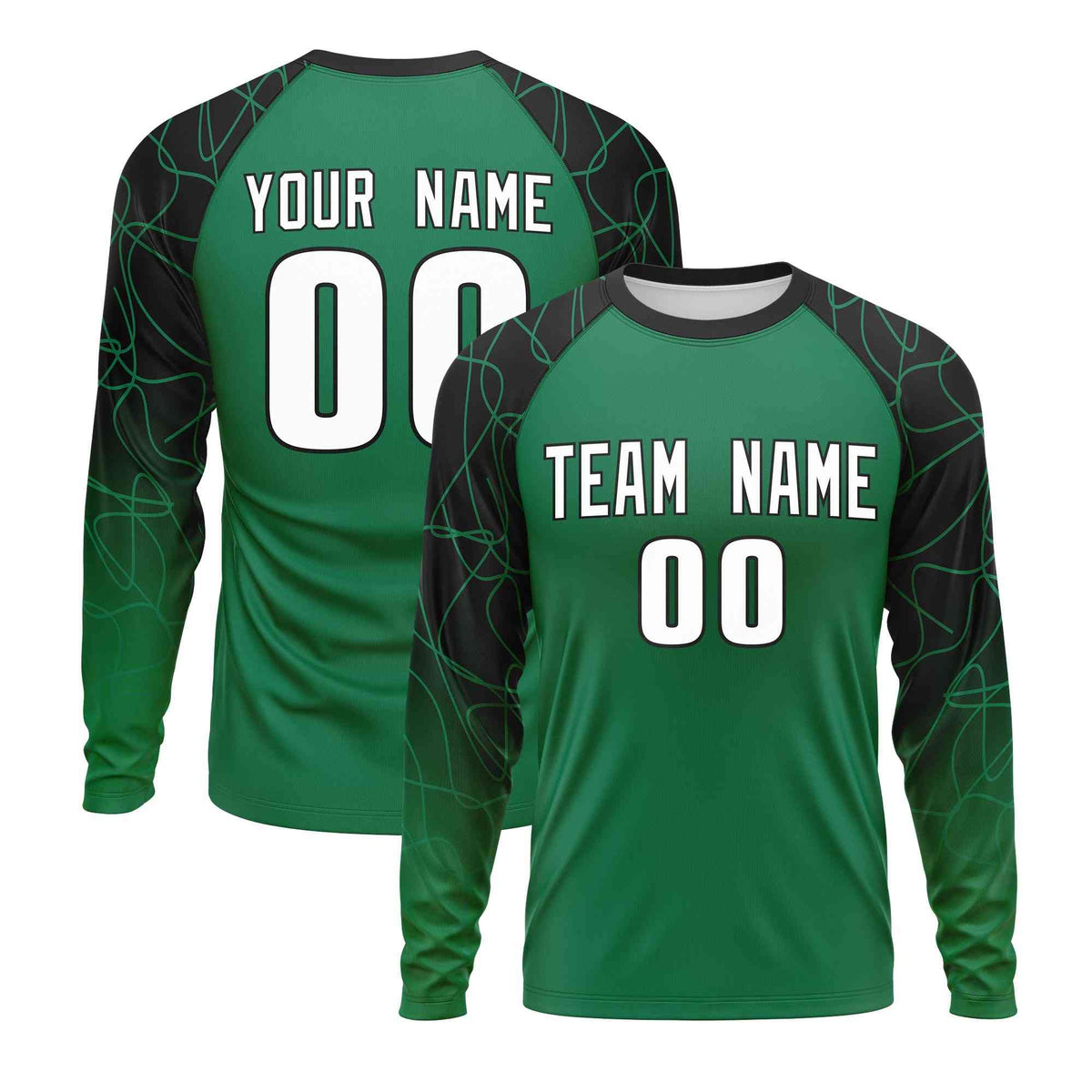 Custom Kelly Green Black Tangled Lines Pattern Raglan Long Sleeve Performance T-Shirt| KXKSHOP