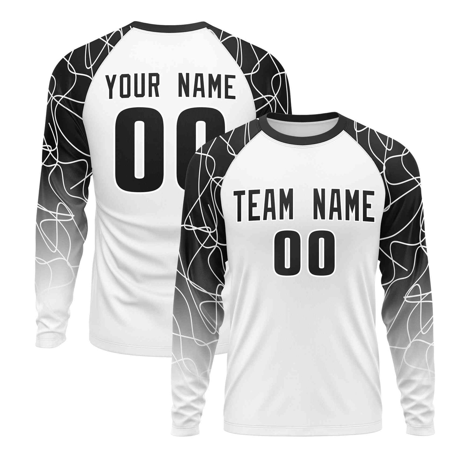 Custom White Black Tangled Lines Pattern Raglan Long Sleeve Performance T-Shirt| KXKSHOP