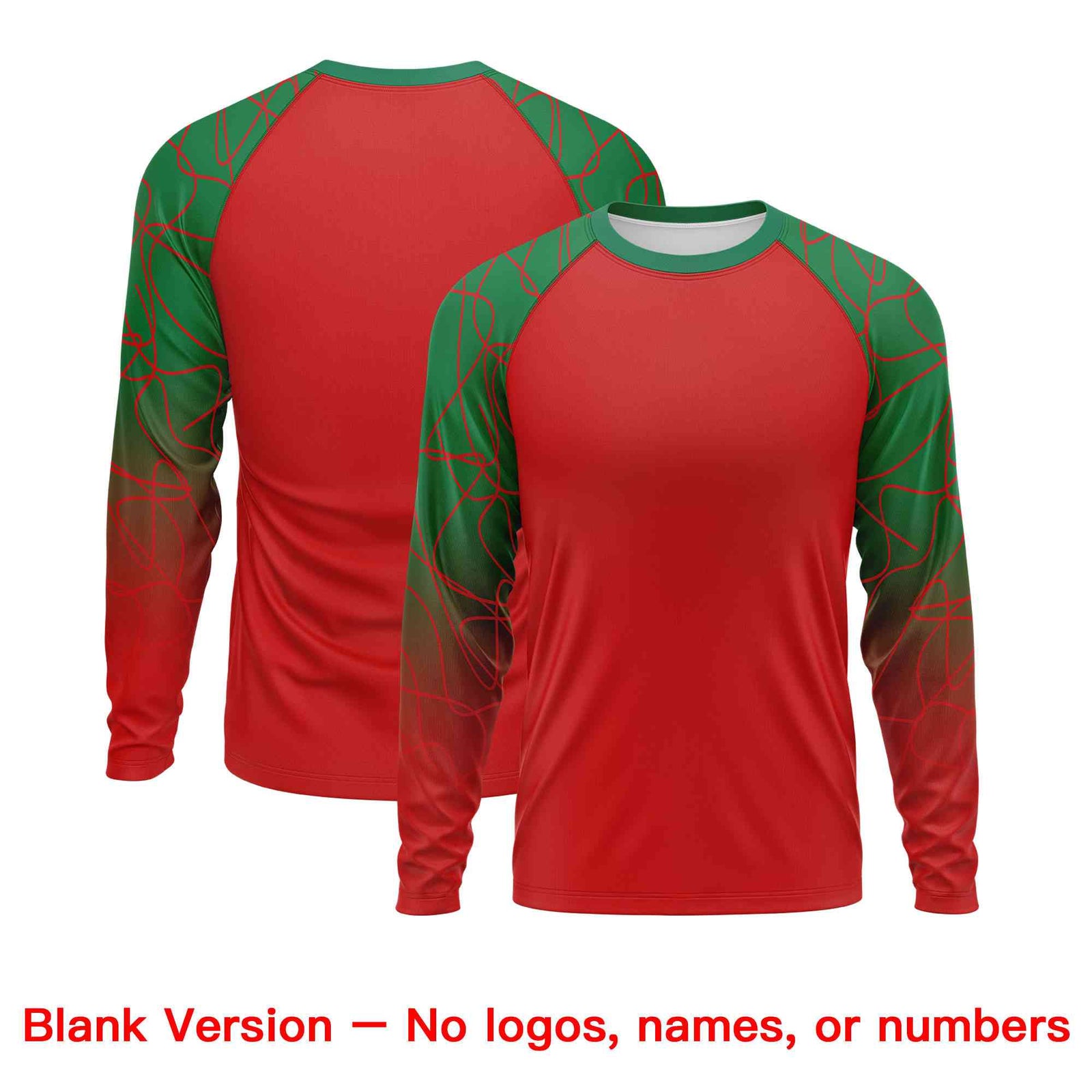 Custom Red Kelly Green Tangled Lines Pattern Raglan Long Sleeve Performance T-Shirt| KXKSHOP