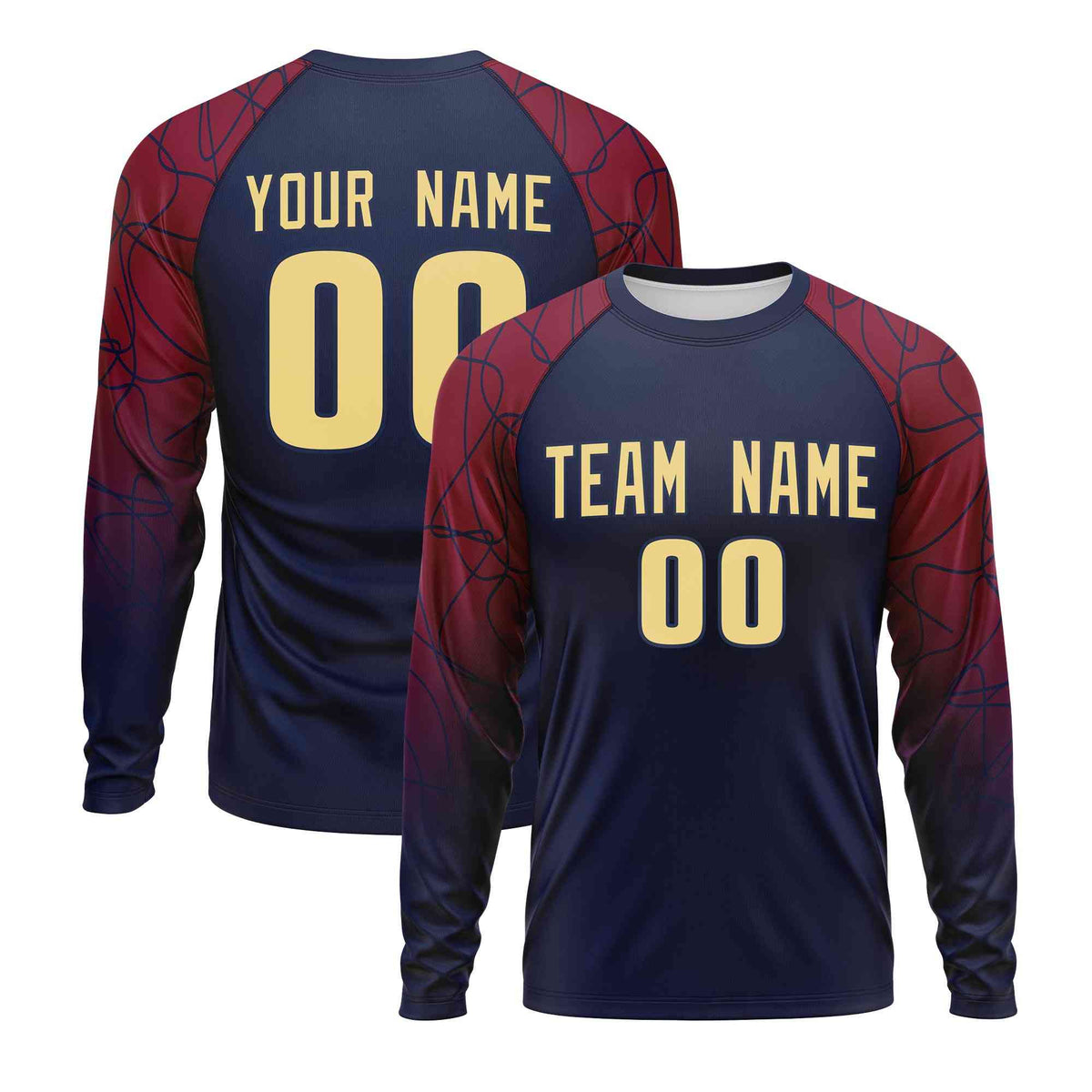 Custom Navy Crimson Tangled Lines Pattern Raglan Long Sleeve Performance T-Shirt| KXKSHOP