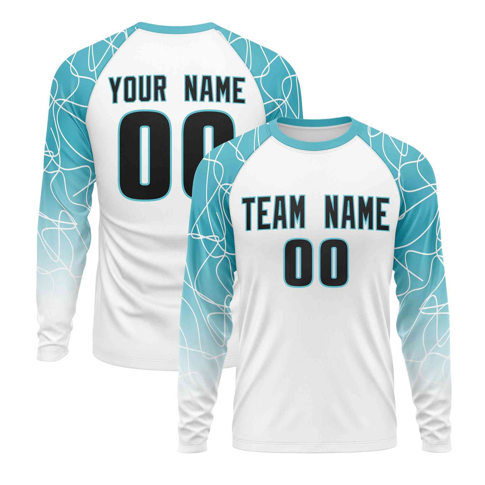 Custom Teal White Tangled Lines Pattern Raglan Long Sleeve Performance T-Shirt| KXKSHOP