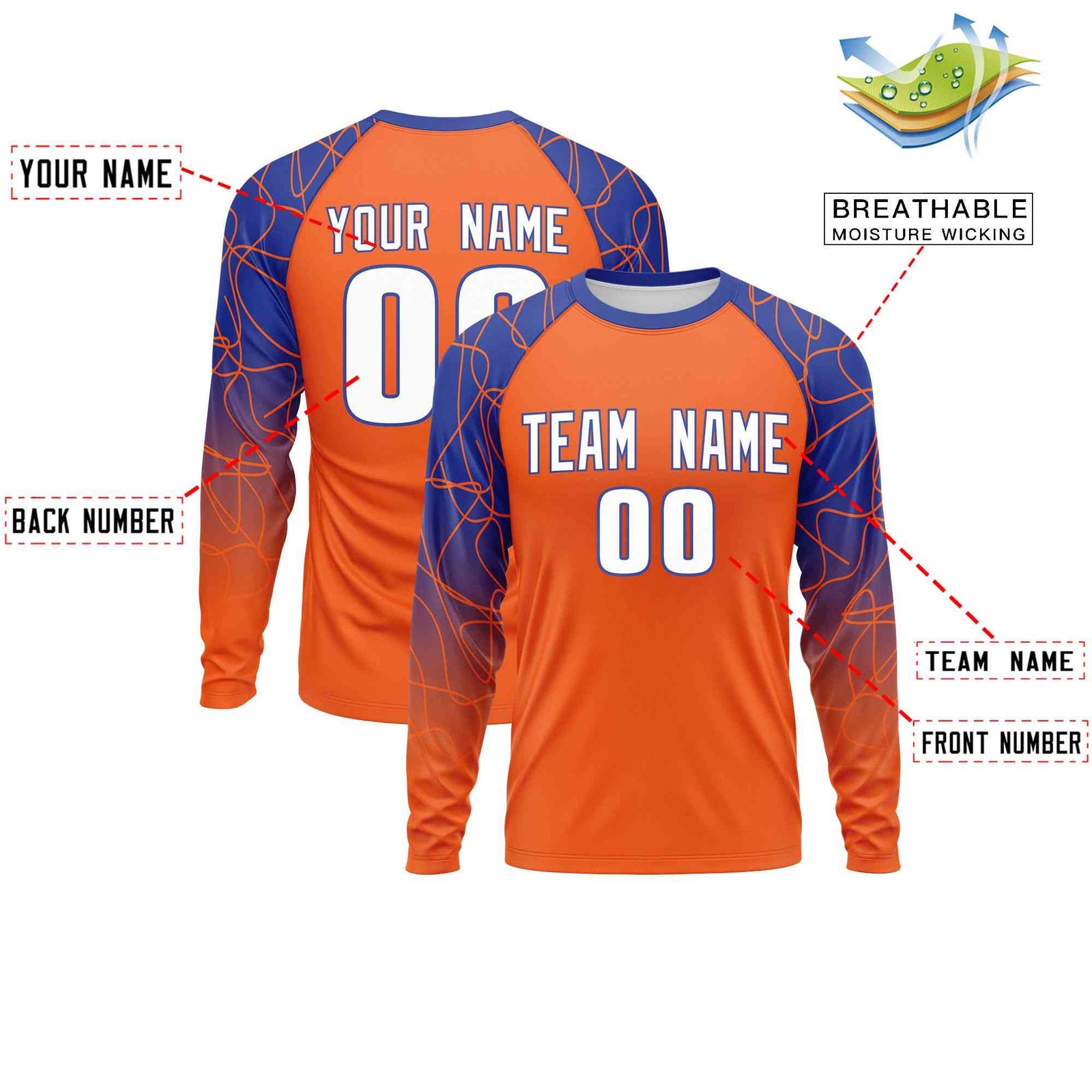 Custom Orange Royal Blue Tangled Lines Pattern Raglan Long Sleeve Performance T-Shirt| KXKSHOP