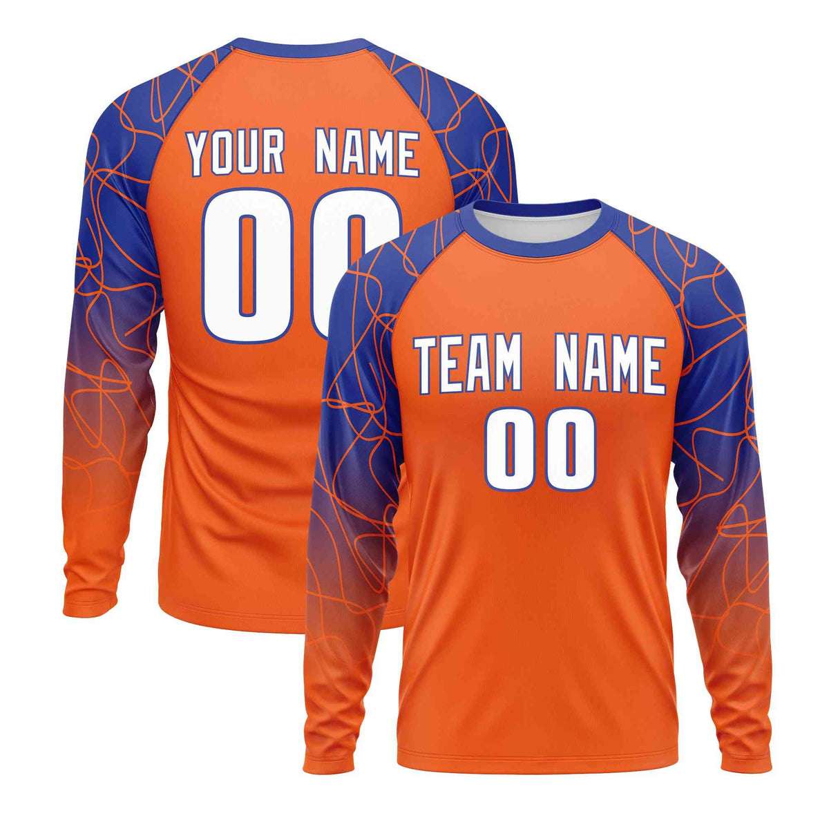 Custom Orange Royal Blue Tangled Lines Pattern Raglan Long Sleeve Performance T-Shirt| KXKSHOP