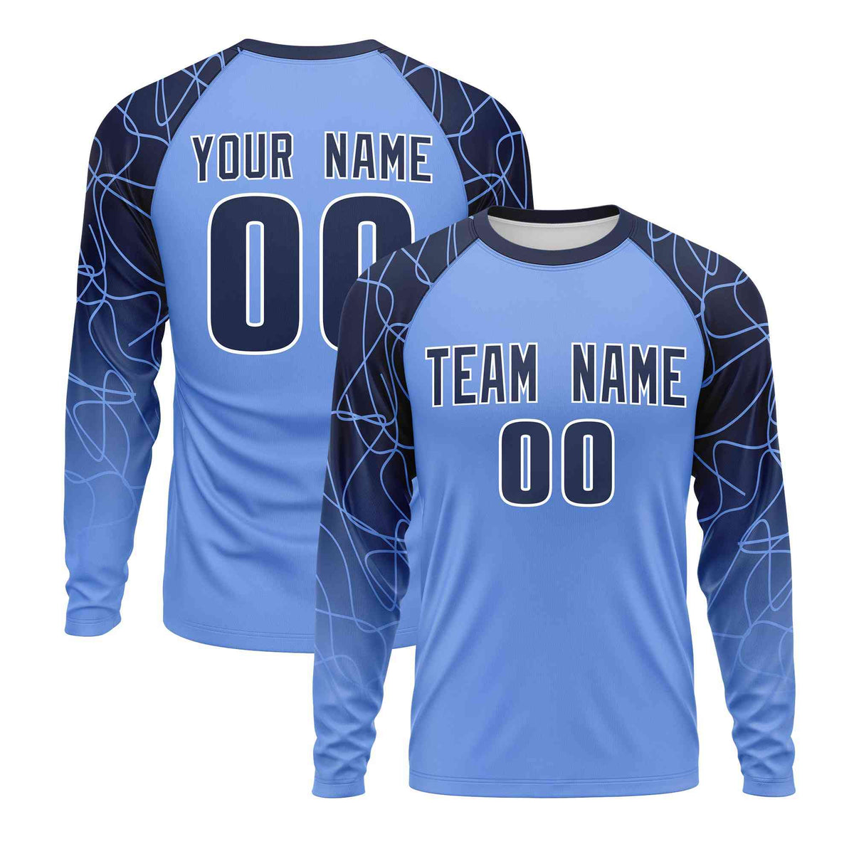 Custom Light Blue Navy Tangled Lines Pattern Raglan Long Sleeve Performance T-Shirt| KXKSHOP