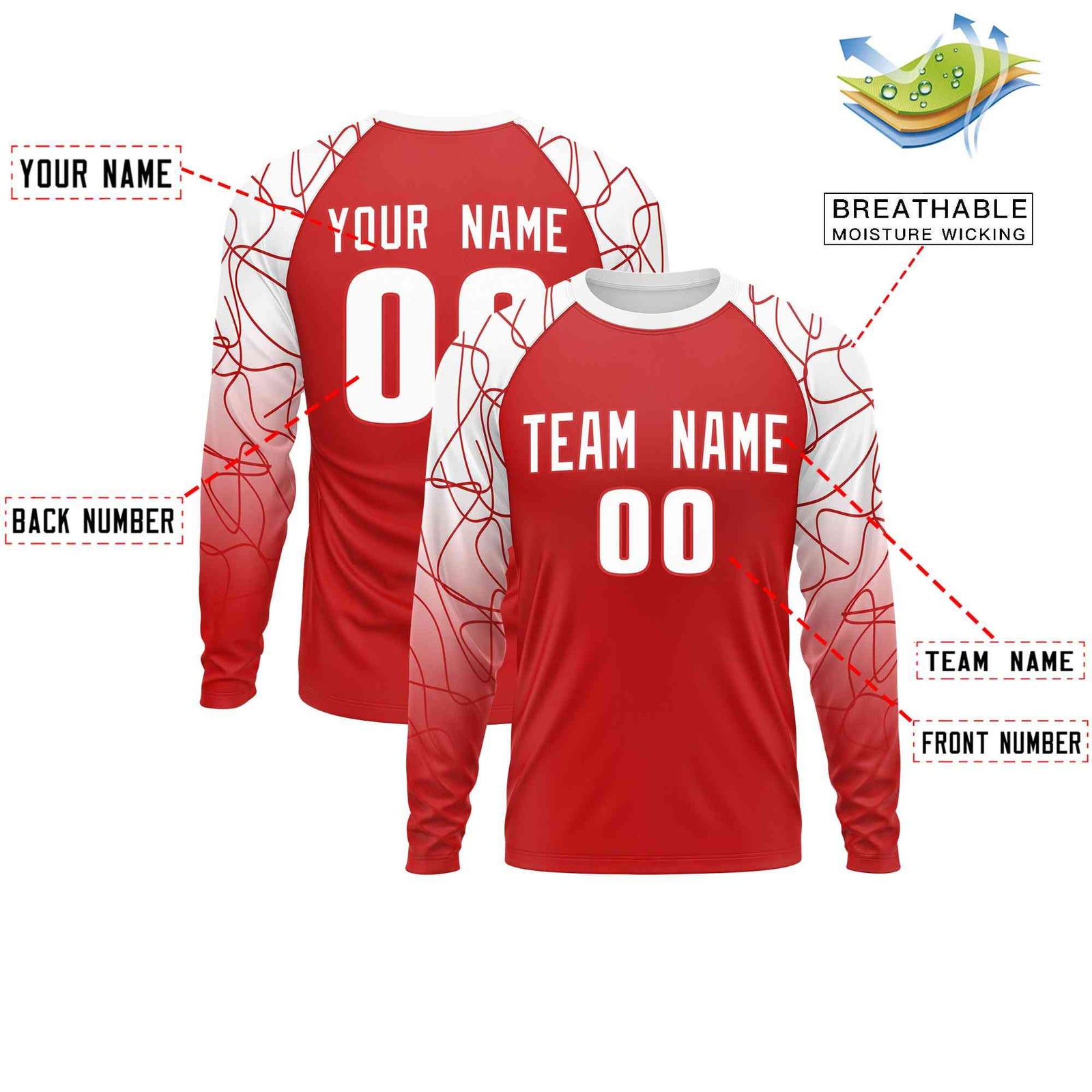 Custom Red White Tangled Lines Pattern Raglan Long Sleeve Performance T-Shirt| KXKSHOP