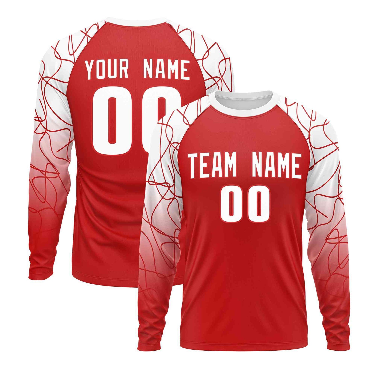 Custom Red White Tangled Lines Pattern Raglan Long Sleeve Performance T-Shirt| KXKSHOP