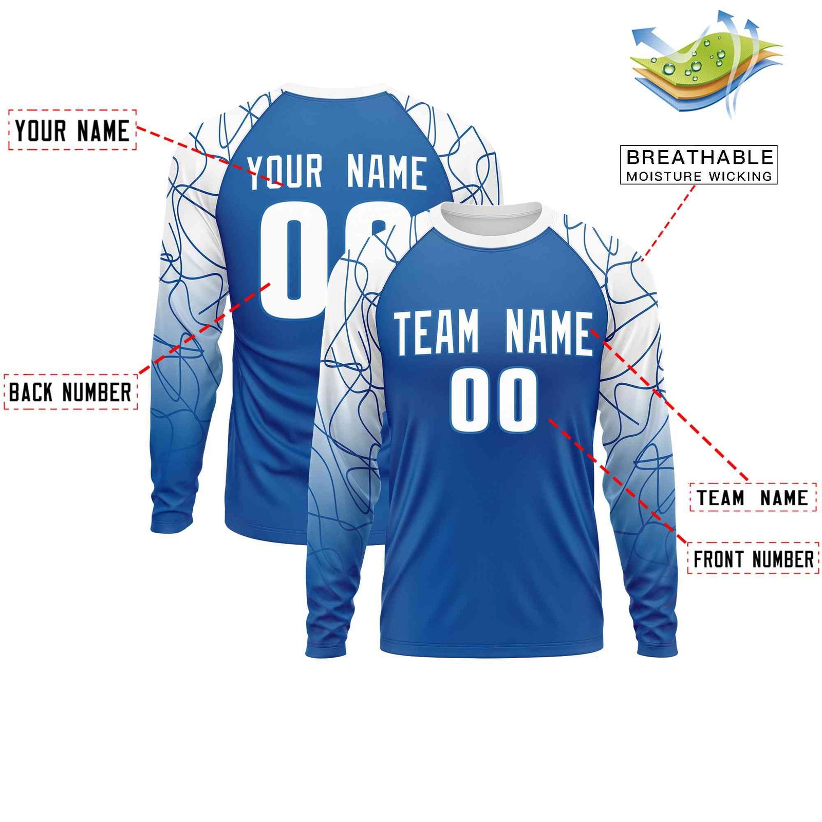 Custom White Royal Tangled Lines Pattern Raglan Long Sleeve Performance T-Shirt| KXKSHOP