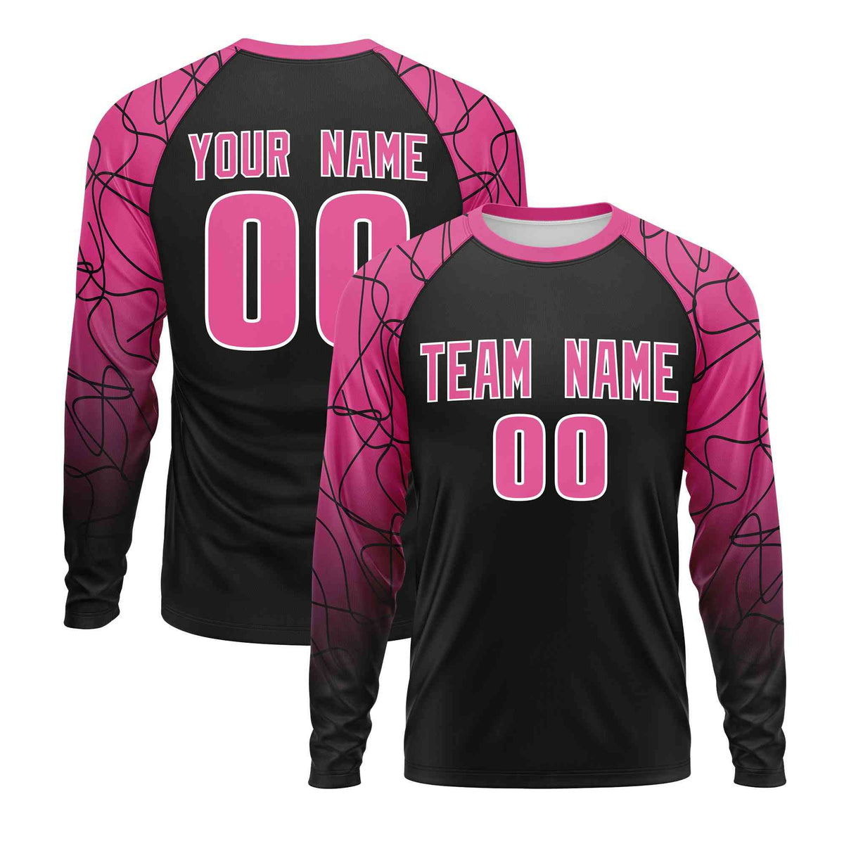 Custom Black Pink Tangled Lines Pattern Raglan Long Sleeve Performance T-Shirt| KXKSHOP