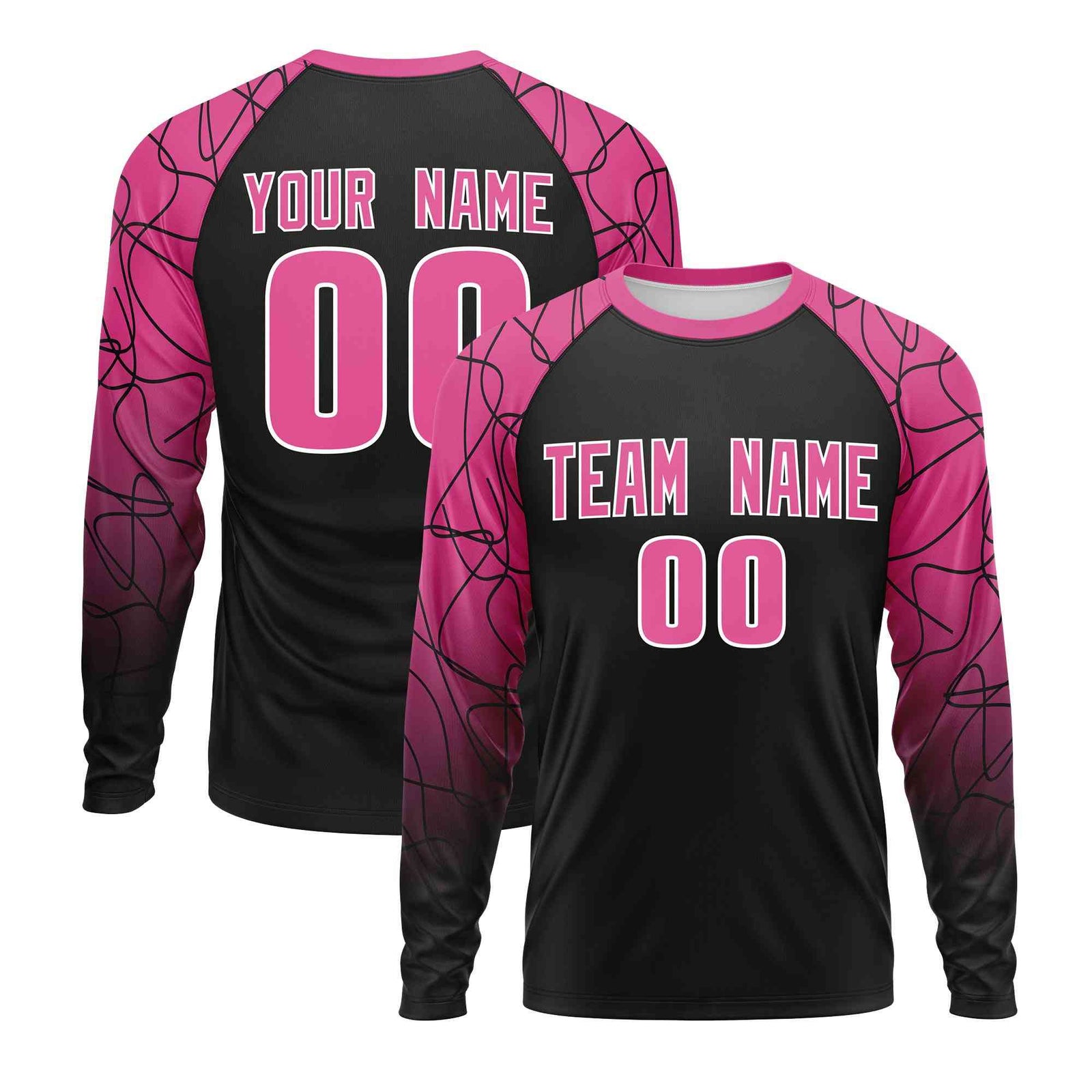 Custom Black Pink Tangled Lines Pattern Raglan Long Sleeve Performance T-Shirt| KXKSHOP