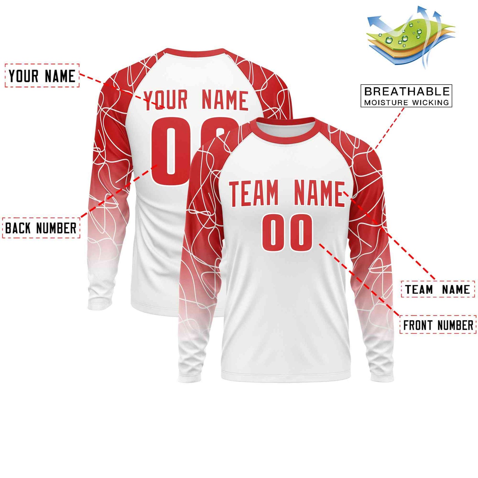 Custom White Red Tangled Lines Pattern Raglan Long Sleeve Performance T-Shirt| KXKSHOP