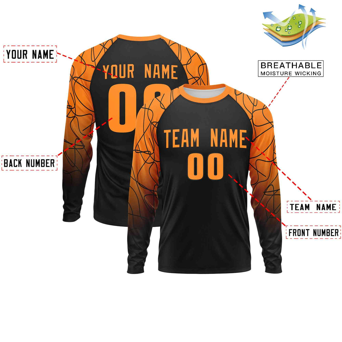 Custom Black Orange Tangled Lines Pattern Raglan Long Sleeve Performance T-Shirt| KXKSHOP