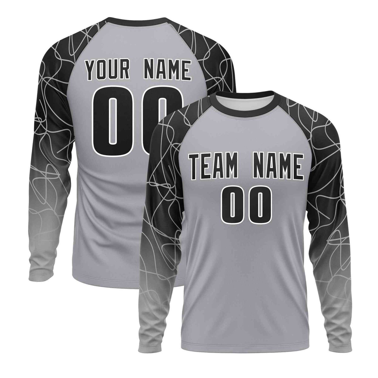 Custom Black Silver Tangled Lines Pattern Raglan Long Sleeve Performance T-Shirt| KXKSHOP