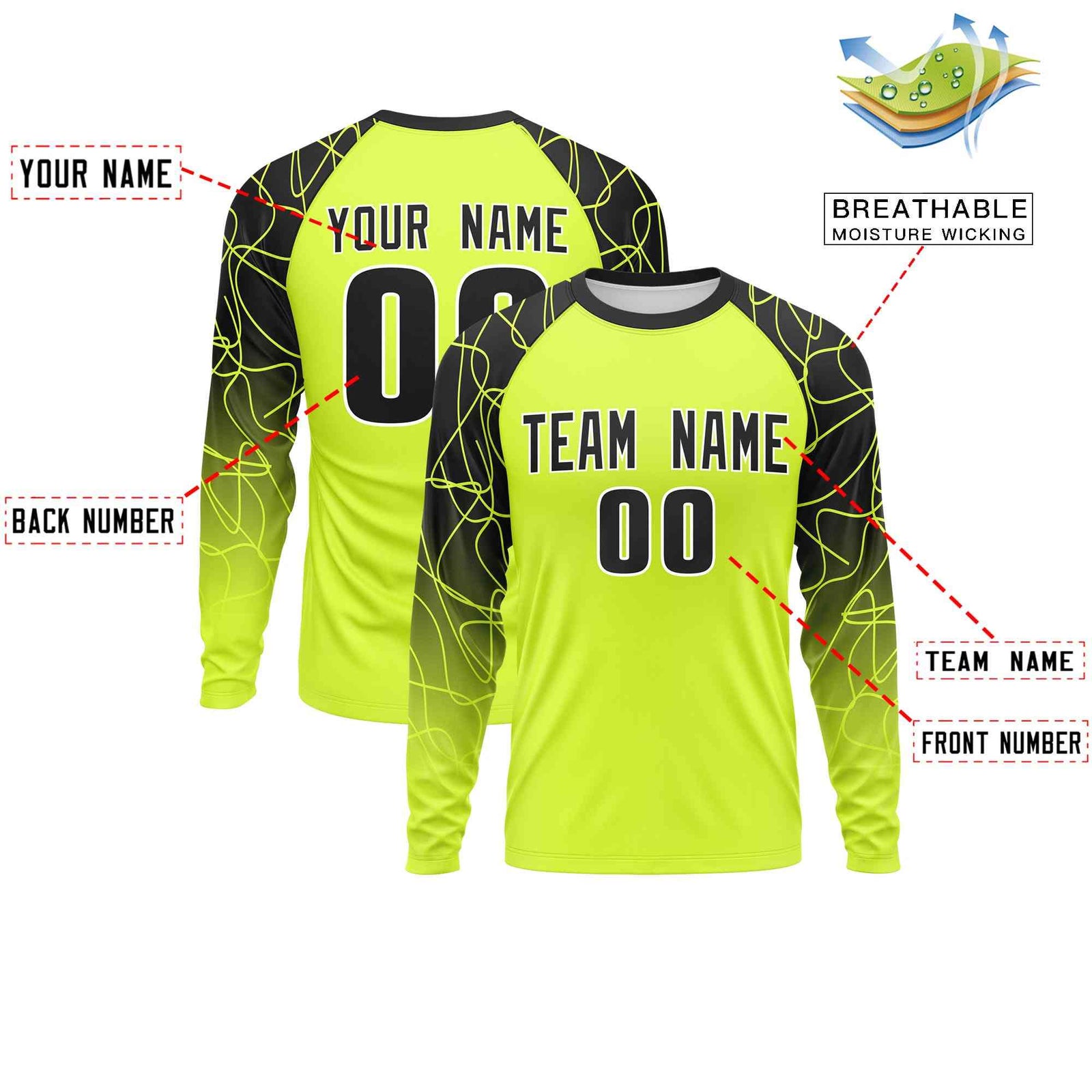 Custom Fluorescent Green Black Tangled Lines Pattern Raglan Long Sleeve Performance T-Shirt| KXKSHOP