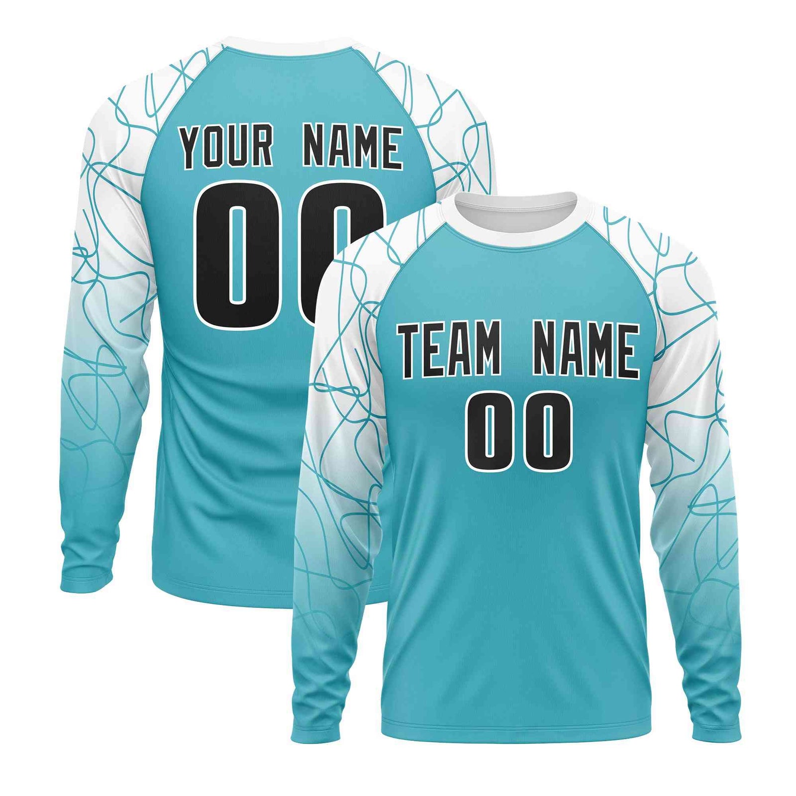 Custom Sky Blue White Tangled Lines Pattern Raglan Long Sleeve Performance T-Shirt| KXKSHOP