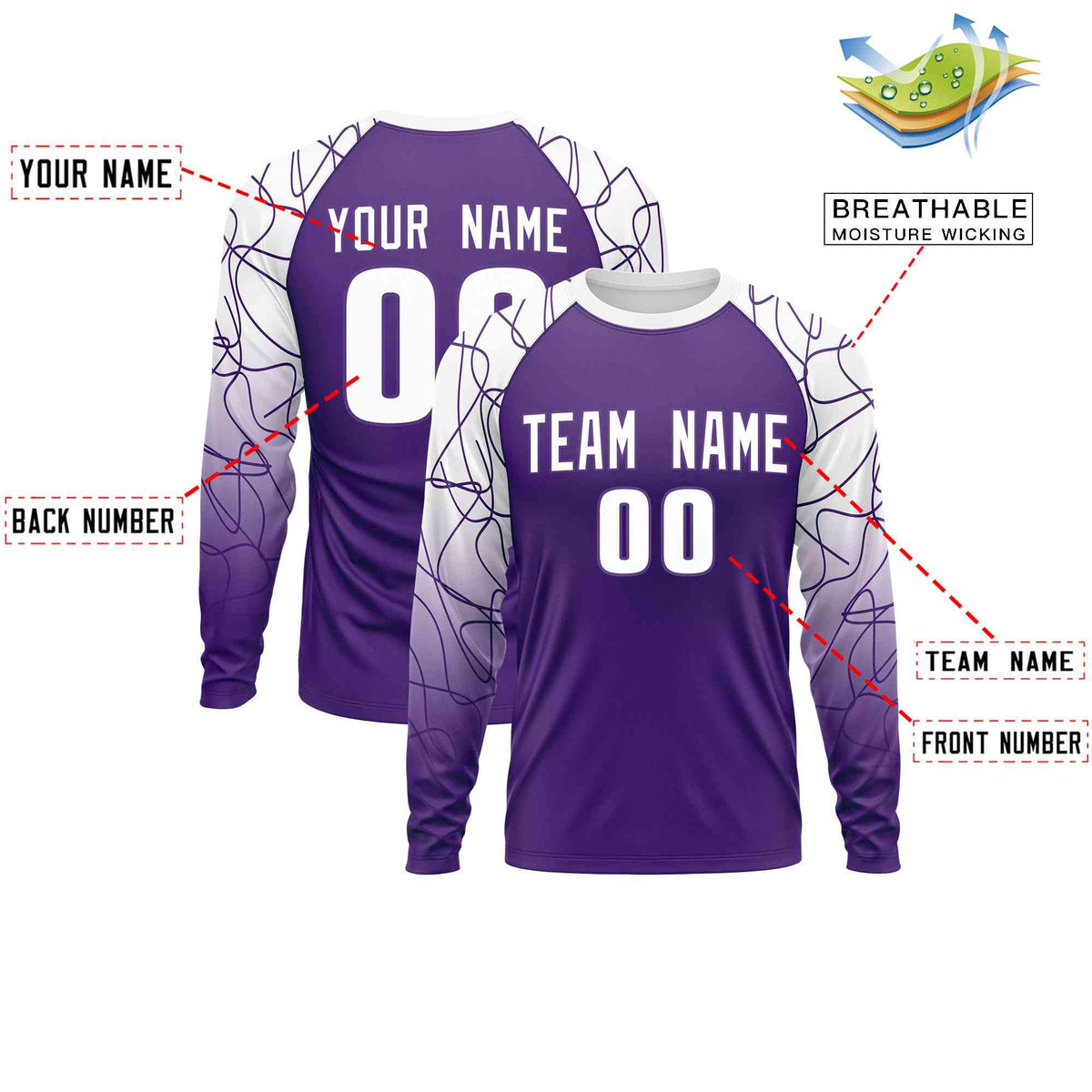 Custom Purple White Tangled Lines Pattern Raglan Long Sleeve Performance T-Shirt| KXKSHOP