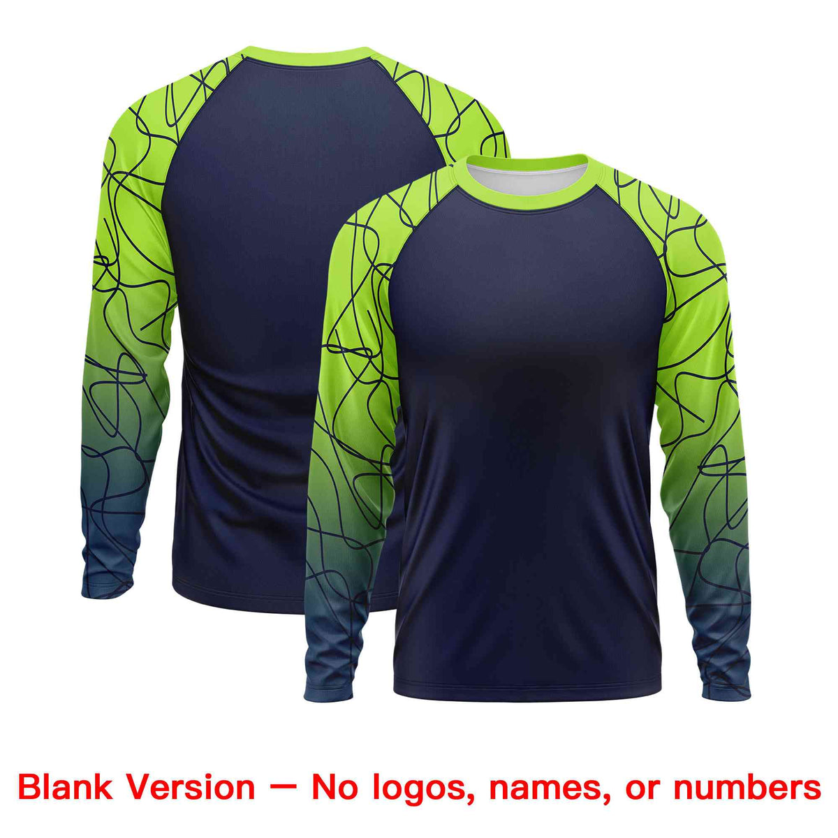Custom Navy Neon Green Tangled Lines Pattern Raglan Long Sleeve Performance T-Shirt| KXKSHOP