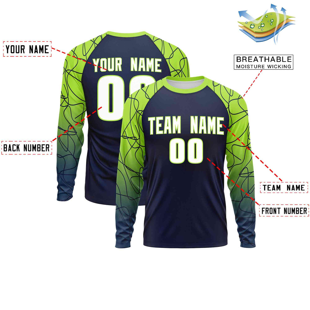 Custom Navy Neon Green Tangled Lines Pattern Raglan Long Sleeve Performance T-Shirt| KXKSHOP
