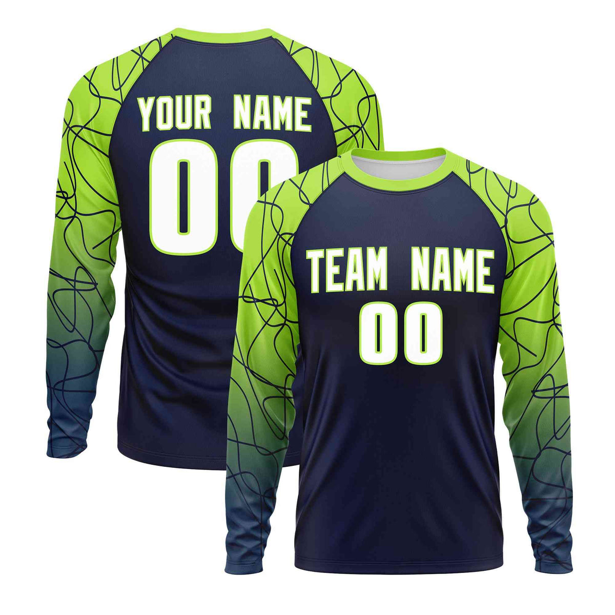 Custom Navy Neon Green Tangled Lines Pattern Raglan Long Sleeve Performance T-Shirt| KXKSHOP