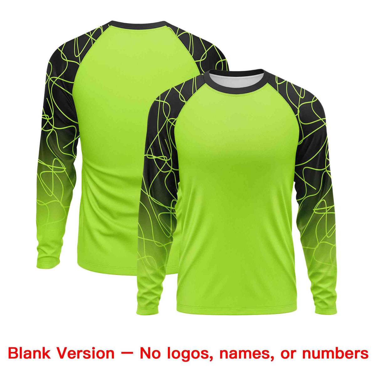 Custom Neon Green Black Tangled Lines Pattern Raglan Long Sleeve Performance T-Shirt
