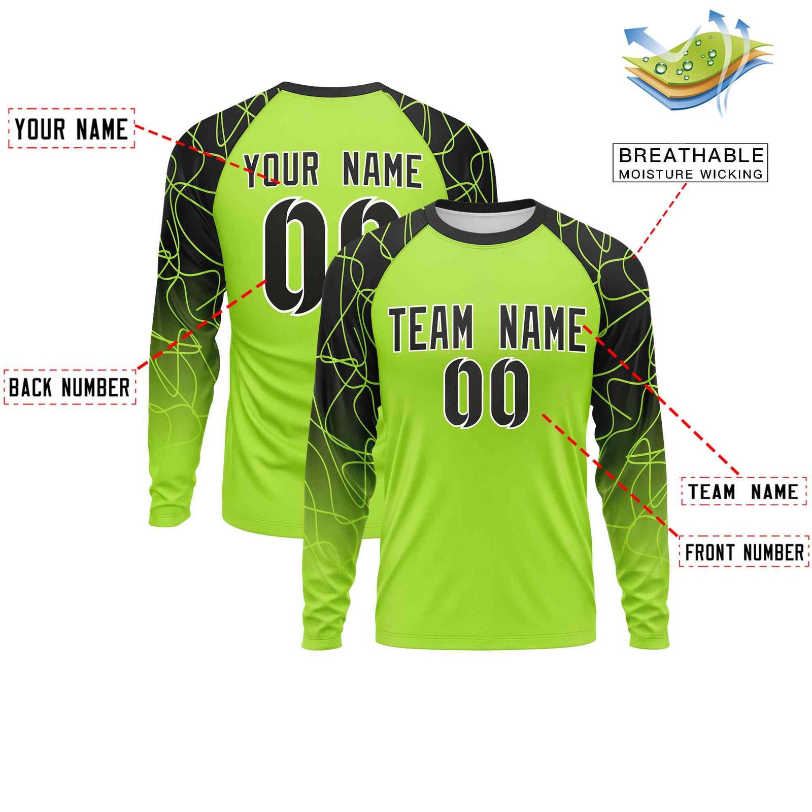 Custom Neon Green Black Tangled Lines Pattern Raglan Long Sleeve Performance T-Shirt