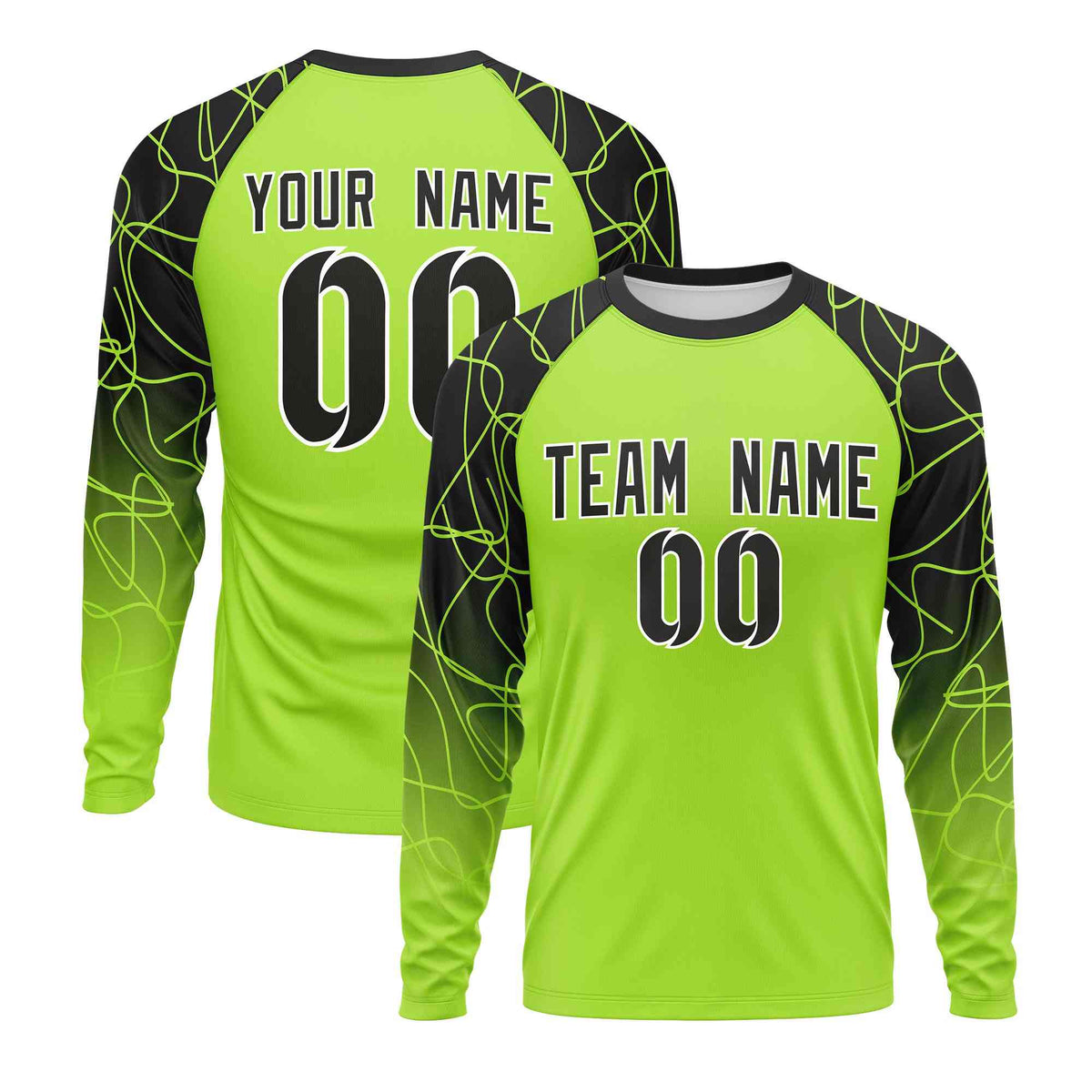 Custom Neon Green Black Tangled Lines Pattern Raglan Long Sleeve Performance T-Shirt