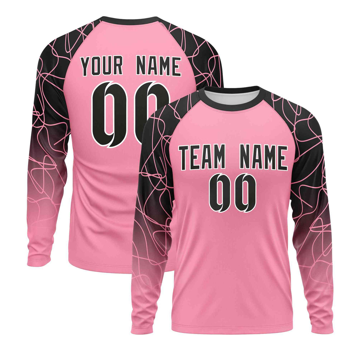 Custom Light Pink Black Tangled Lines Pattern Raglan Long Sleeve Performance T-Shirt