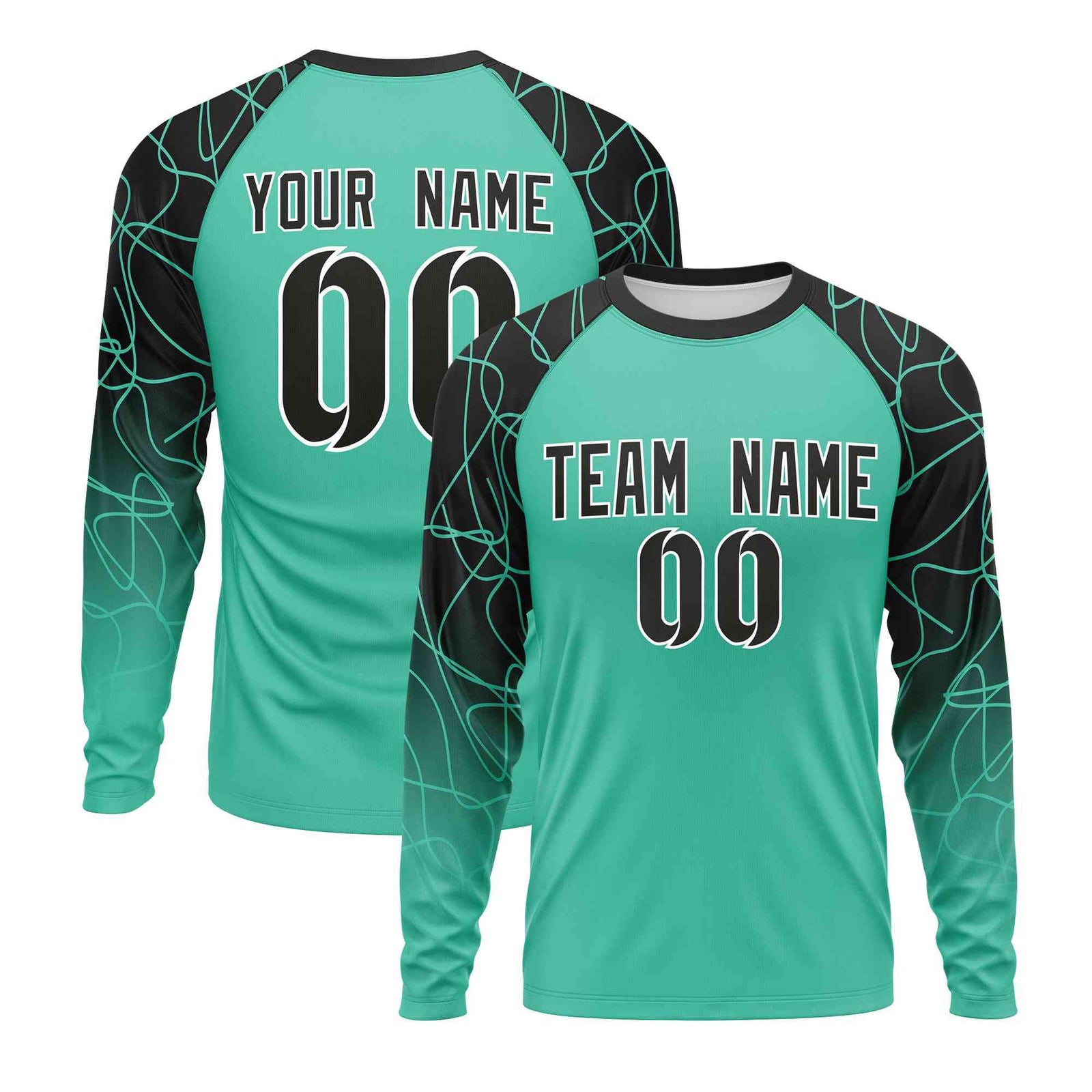 Custom Bright Green Black Tangled Lines Pattern Raglan Long Sleeve Performance T-Shirt