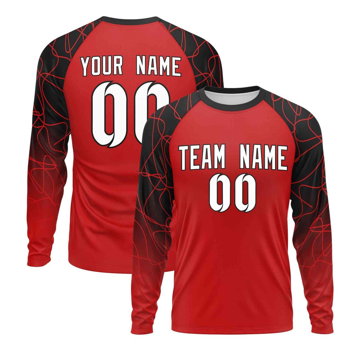 Custom Red Black Tangled Lines Pattern Raglan Long Sleeve Performance T-Shirt