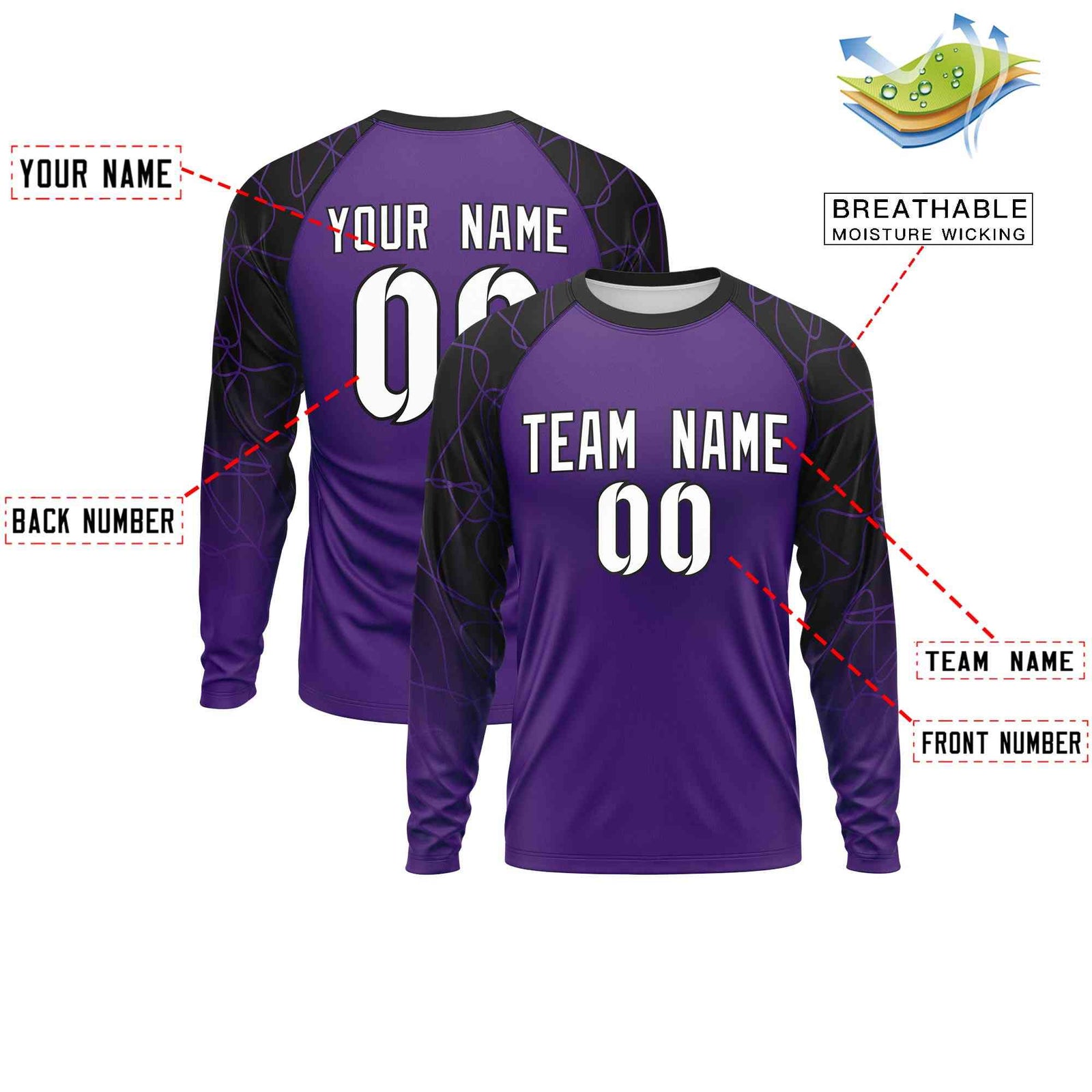 Custom Purple Black Tangled Lines Pattern Raglan Long Sleeve Performance T-Shirt