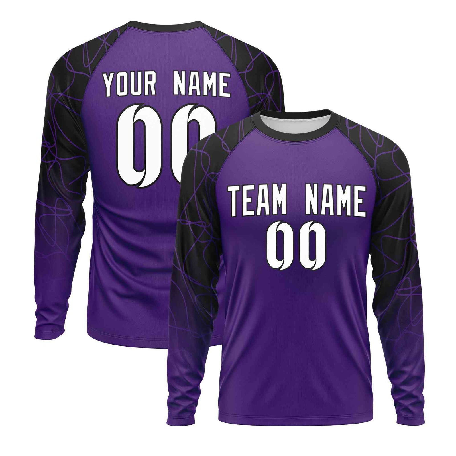 Custom Purple Black Tangled Lines Pattern Raglan Long Sleeve Performance T-Shirt