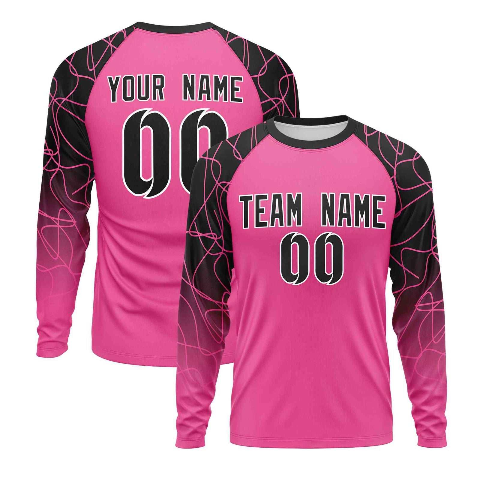 Custom Pink Black Tangled Lines Pattern Raglan Long Sleeve Performance T-Shirt