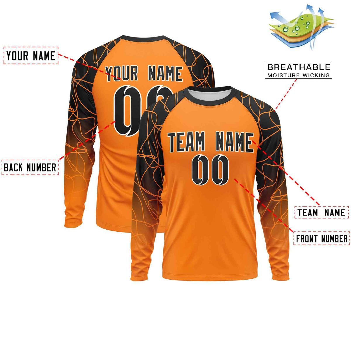 Custom Orange Black Tangled Lines Pattern Raglan Long Sleeve Performance T-Shirt