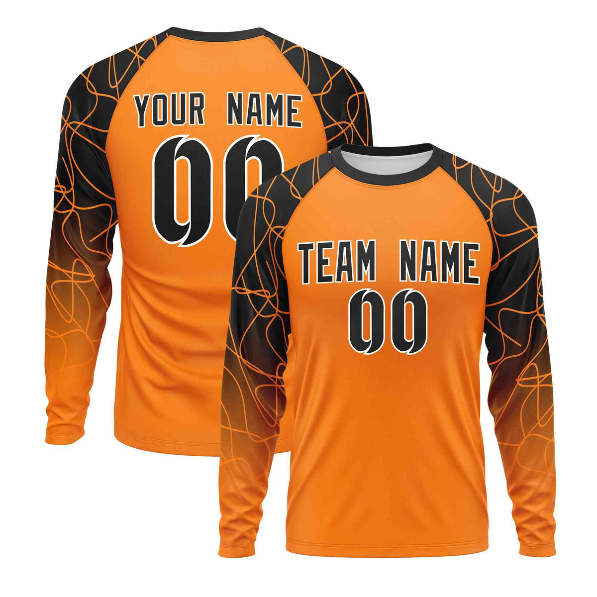 Custom Orange Black Tangled Lines Pattern Raglan Long Sleeve Performance T-Shirt