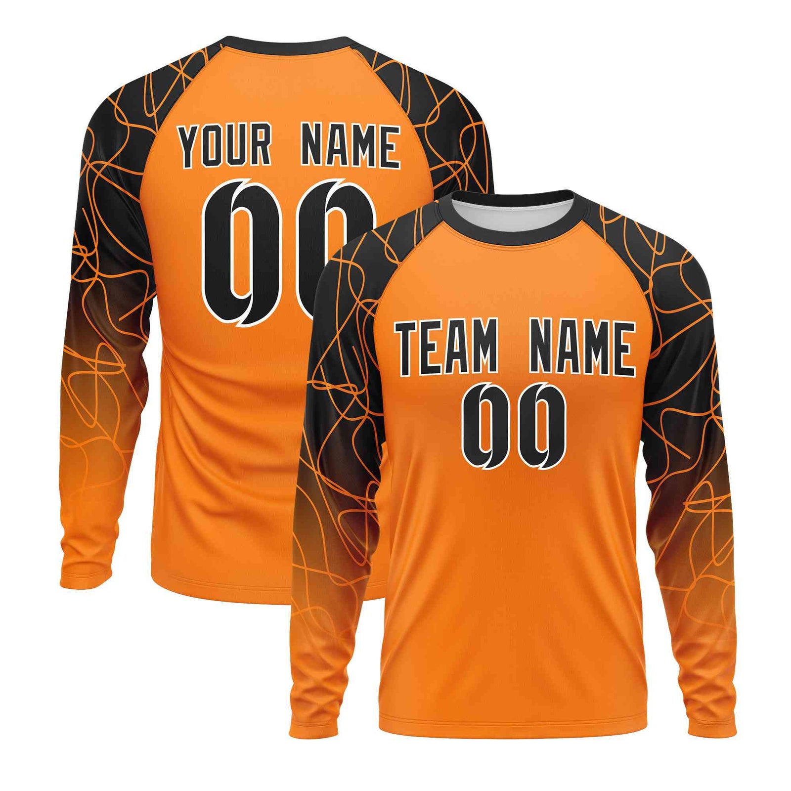 Custom Orange Black Tangled Lines Pattern Raglan Long Sleeve Performance T-Shirt