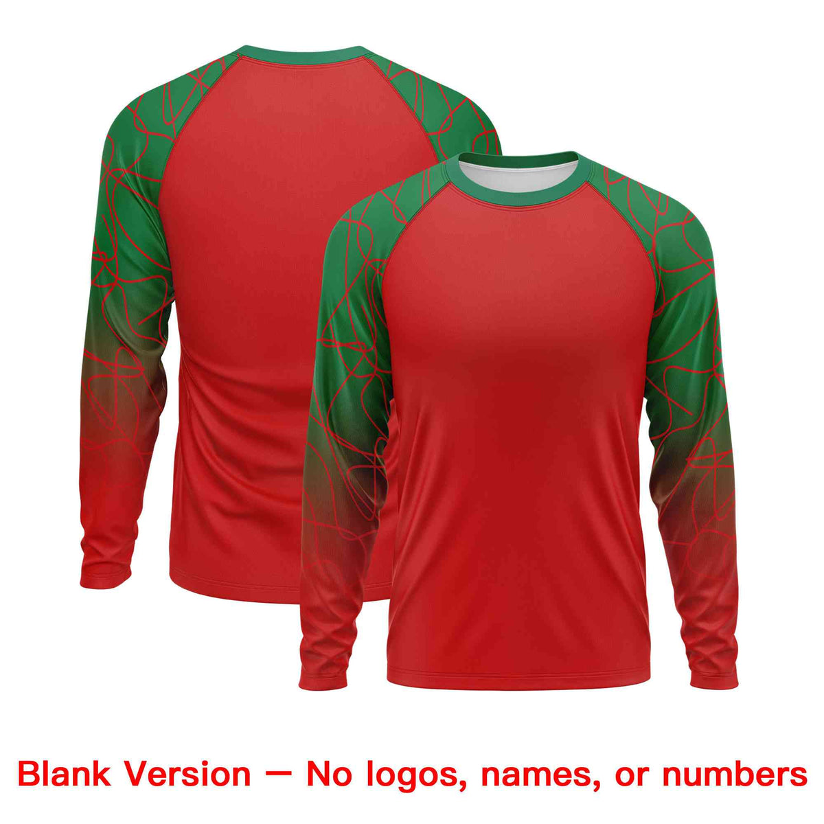 Custom Red Kelly Green Tangled Lines Pattern Raglan Long Sleeve Performance T-Shirt