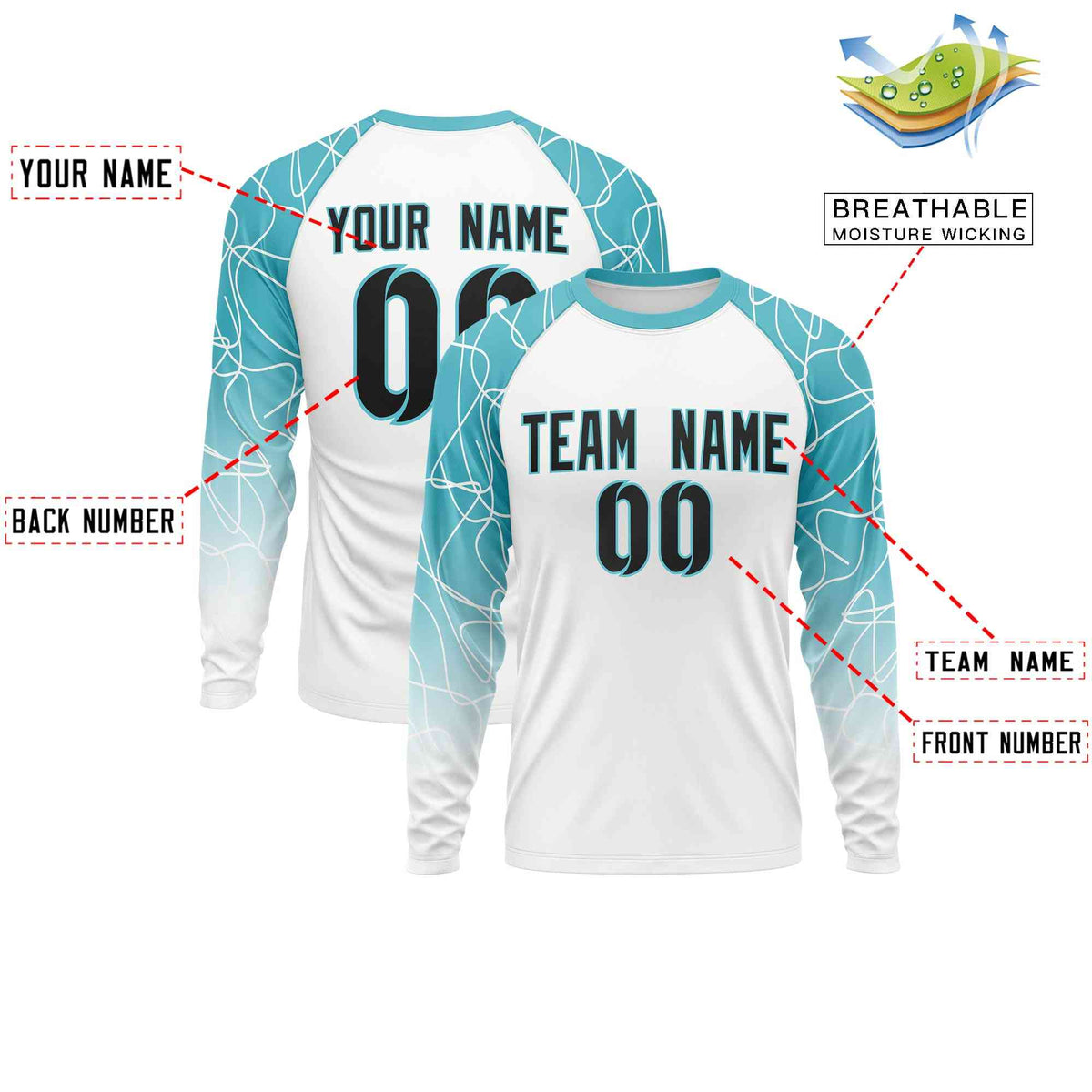 Custom Teal White Tangled Lines Pattern Raglan Long Sleeve Performance T-Shirt