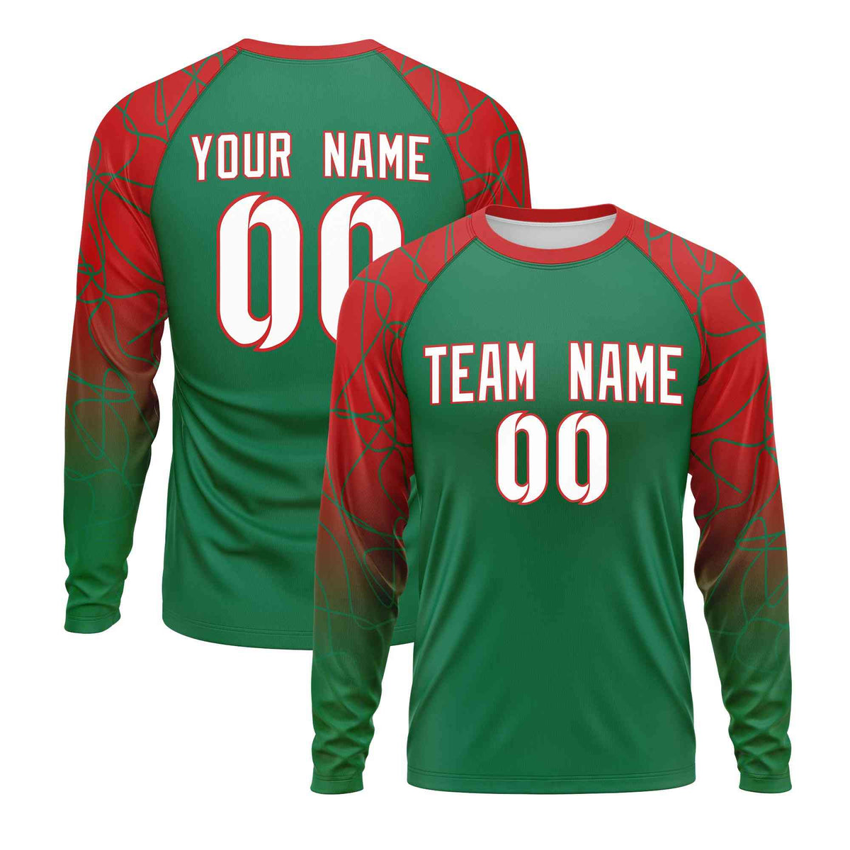 Custom Kelly Green Red Tangled Lines Pattern Raglan Long Sleeve Performance T-Shirt