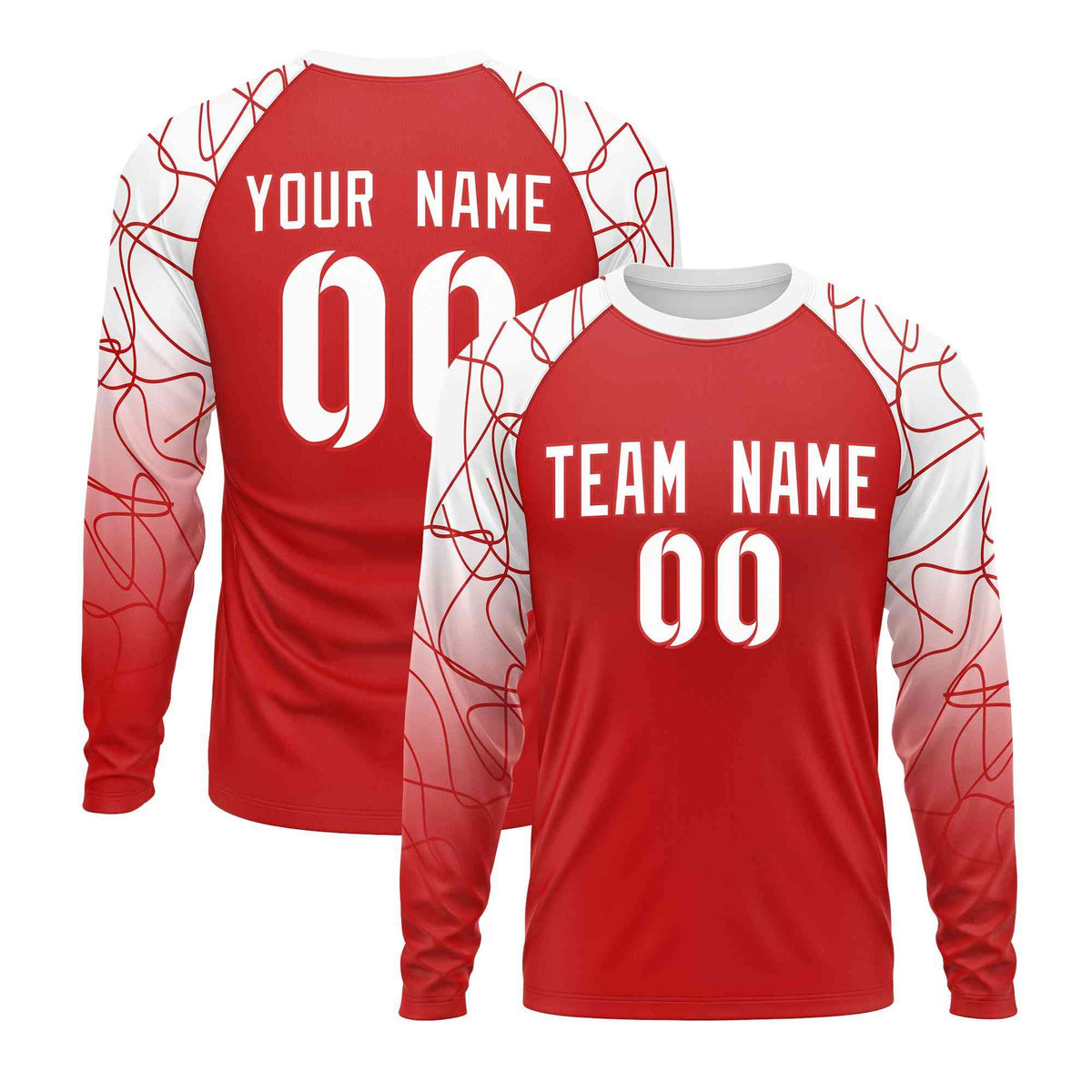 Custom Red White Tangled Lines Pattern Raglan Long Sleeve Performance T-Shirt