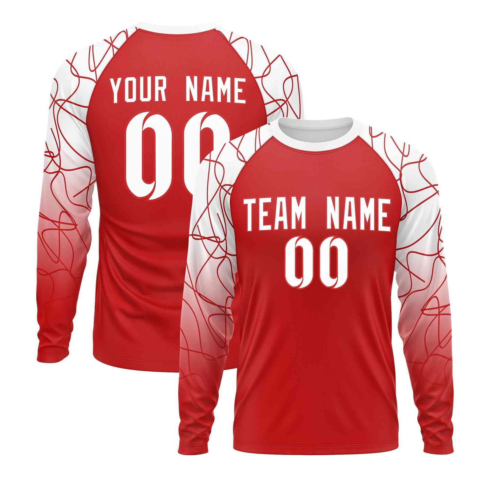 Custom Red White Tangled Lines Pattern Raglan Long Sleeve Performance T-Shirt