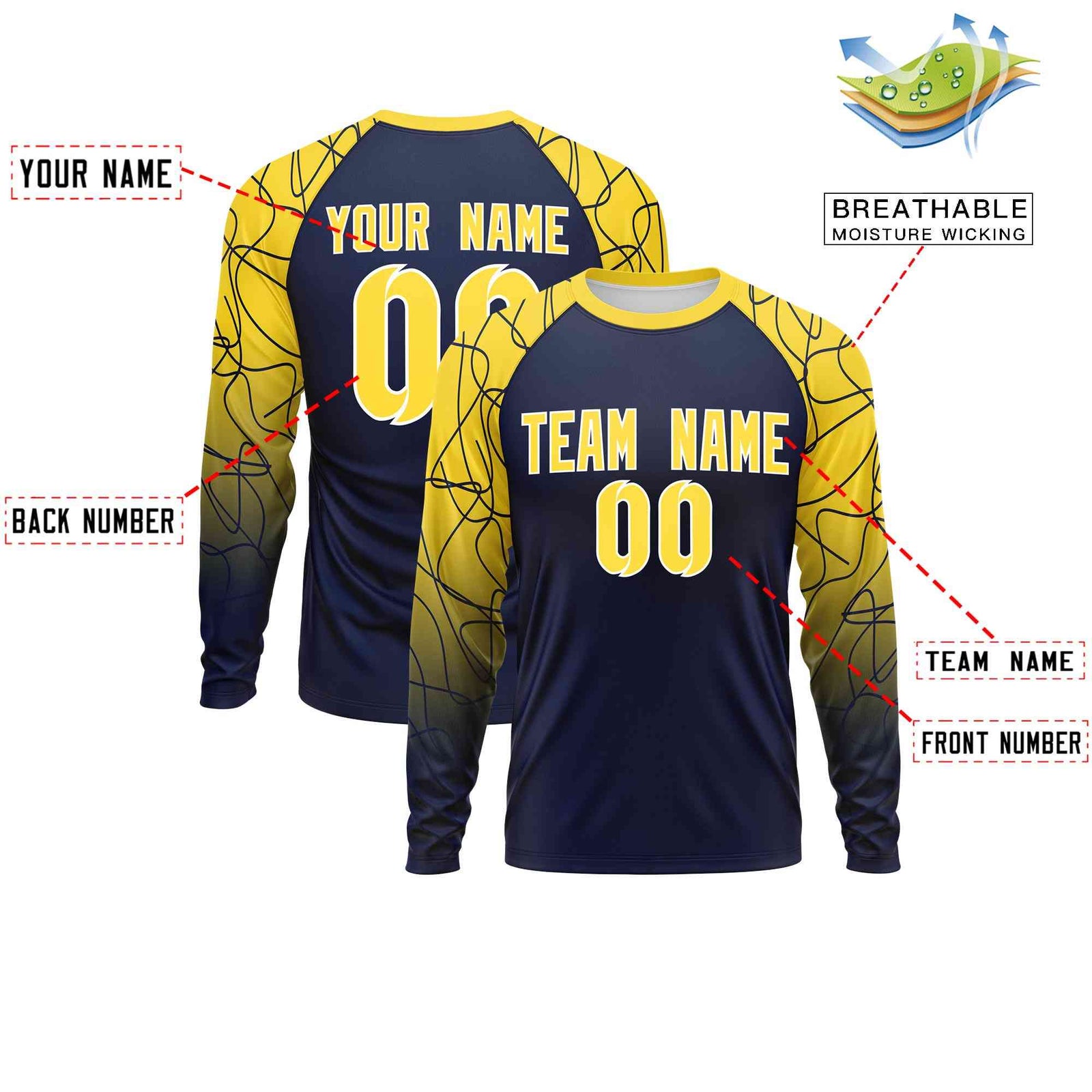 Custom Navy Gold Tangled Lines Pattern Raglan Long Sleeve Performance T-Shirt
