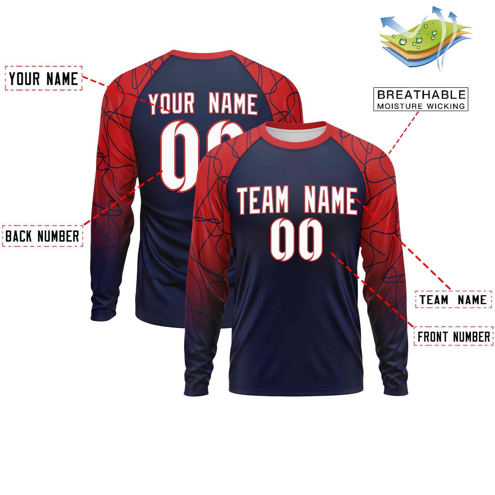 Custom Navy Red Tangled Lines Pattern Raglan Long Sleeve Performance T-Shirt